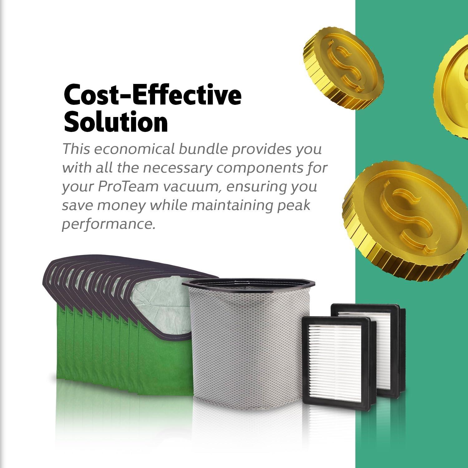 Fit on ProTeam - 10 Triangle Paper Bags (6QT), 1 Triangle Cloth Bag (6QT), 2 HEPA Replacement Filters 107315. Generic Proteam Vacuum Parts & Accessories