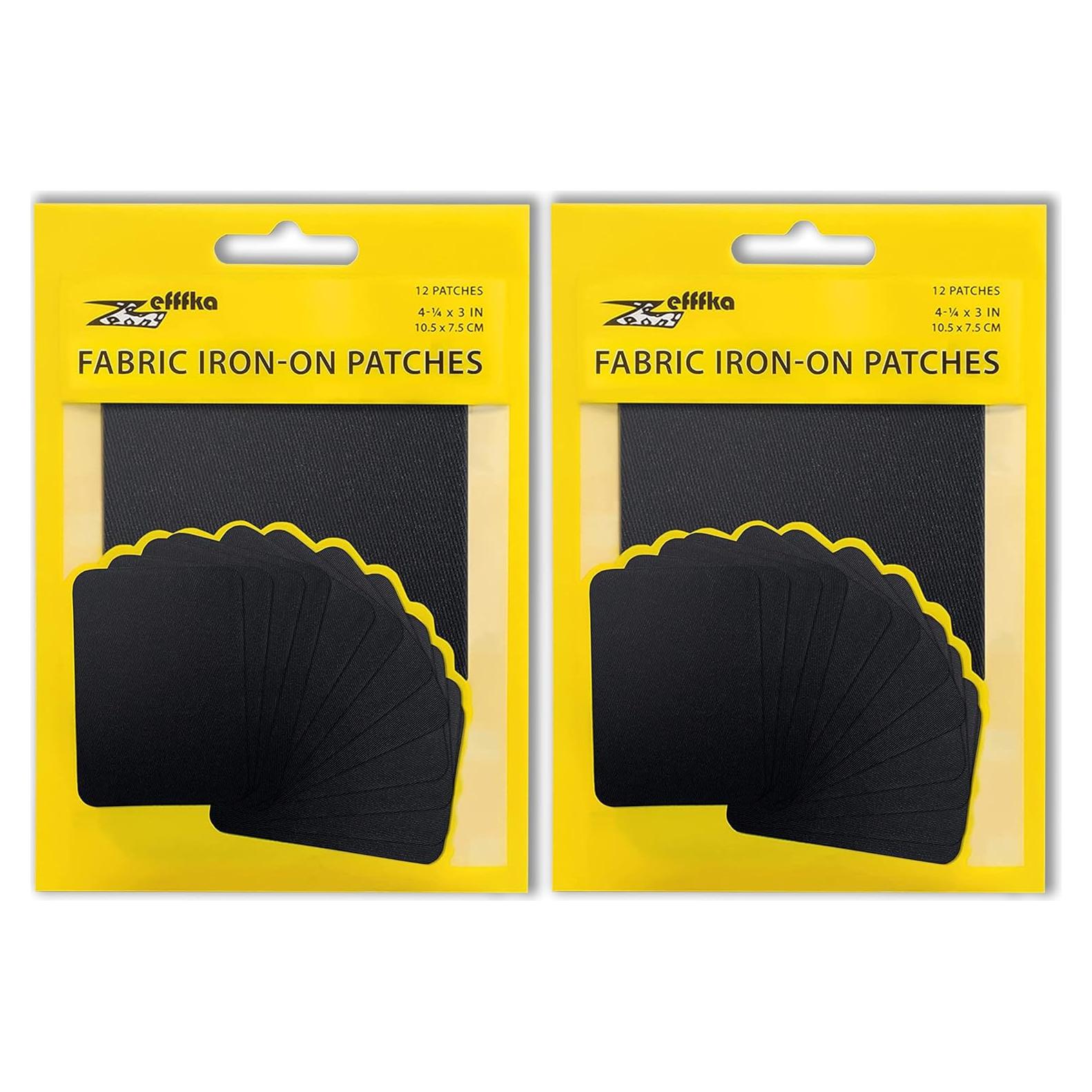 ZEFFFKA 2 Pack of Fabric Iron-on Patches Inside & Outside Strongest Glue 100% Cotton Black Repair Decorating Kit 12 Pieces Size 3" by 4-1/4" (7.5 cm x 10.5 cm)