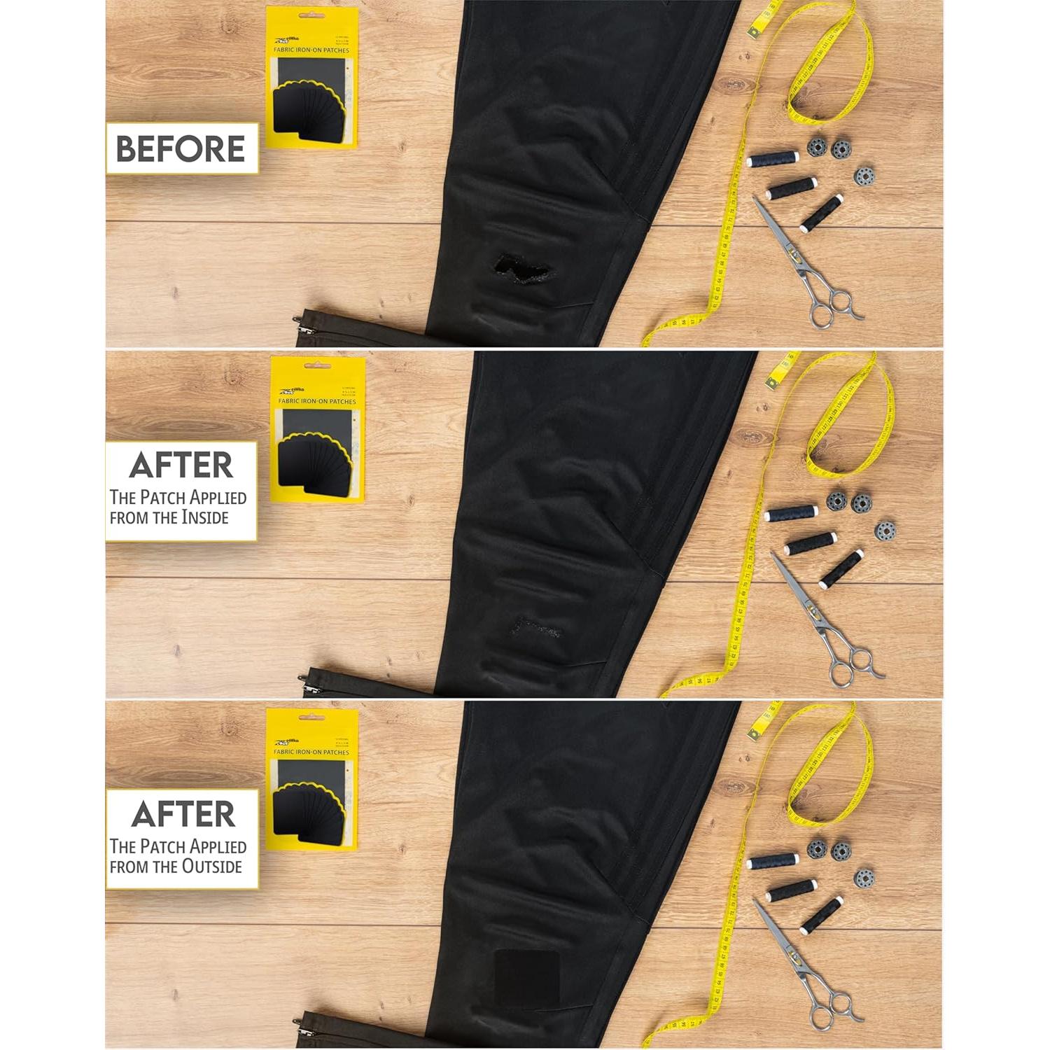 ZEFFFKA 2 Pack of Fabric Iron-on Patches Inside & Outside Strongest Glue 100% Cotton Black Repair Decorating Kit 12 Pieces Size 3" by 4-1/4" (7.5 cm x 10.5 cm)