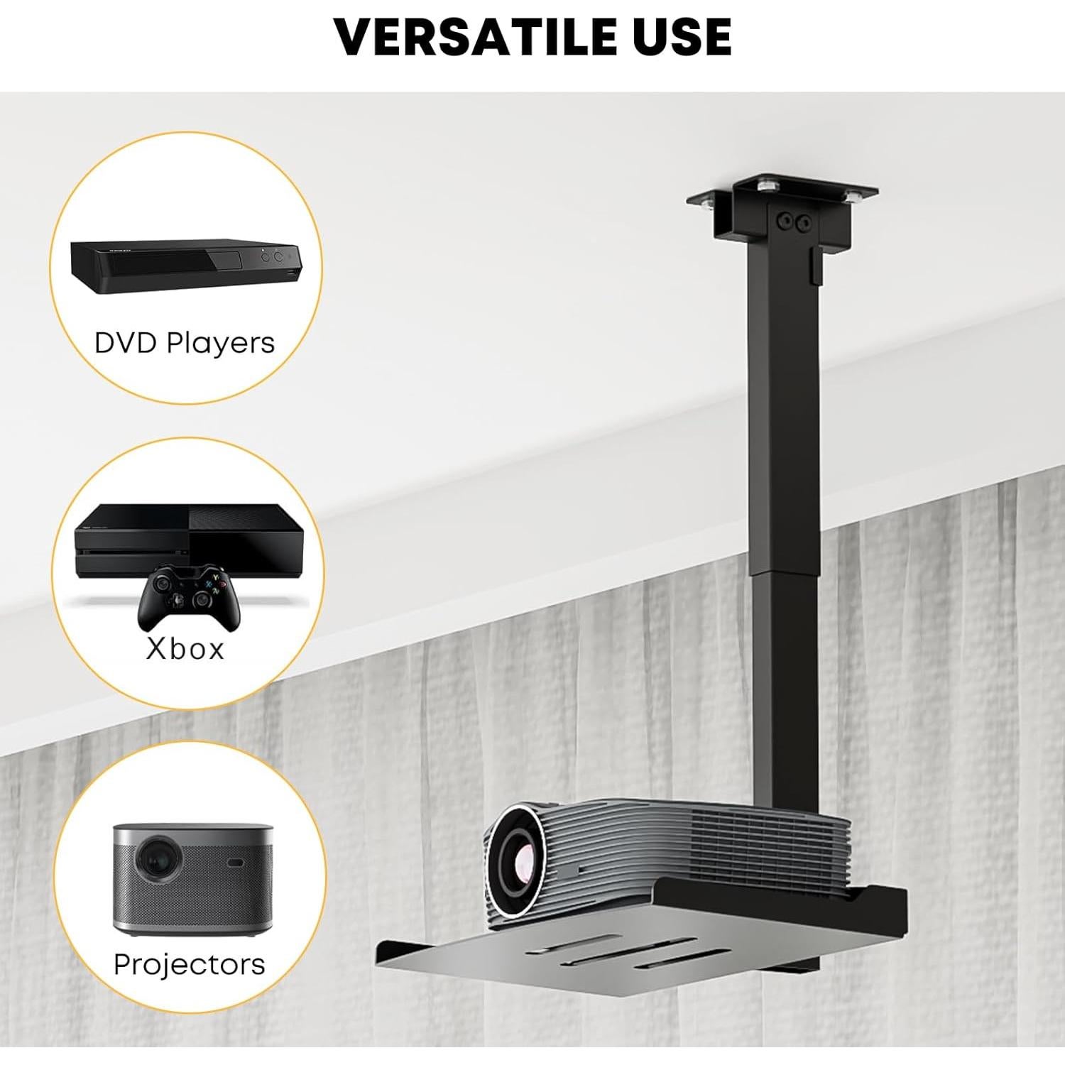 PUTORSEN Adjustable Projector Ceiling Mount,Universal Projector Shelf for Ceiling and Wall, Holds up to 22lbs，No Hole Installation, Hidden Cable Routing, Black
