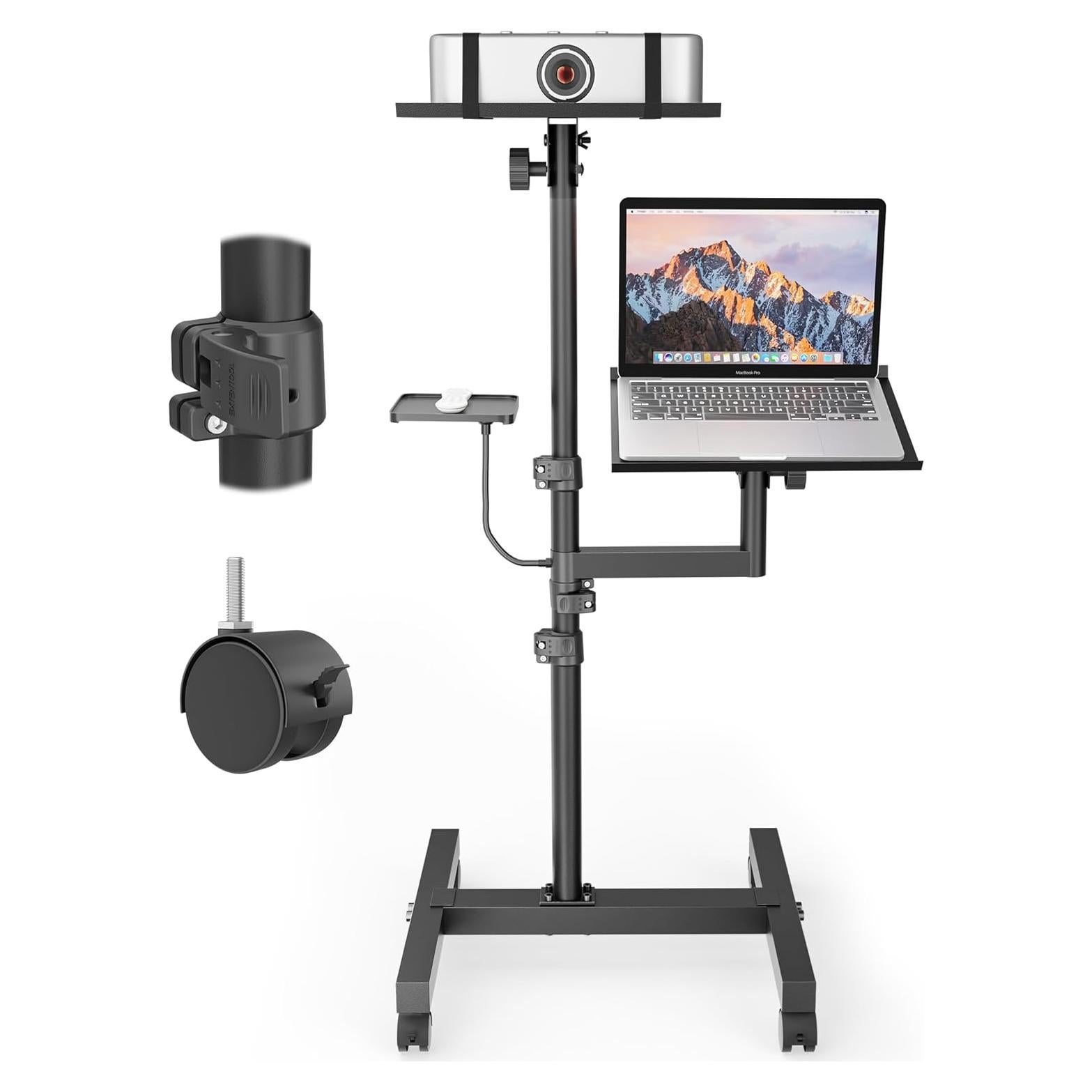 2 Shelves Mobile Projector Stand, Rolling Laptop Stand Adjustable Height to 47 Inches, Podium Stands with Ventilated Tray, Heavy Duty, Laptop Floor Stand for Office, Home, Stage, DJ