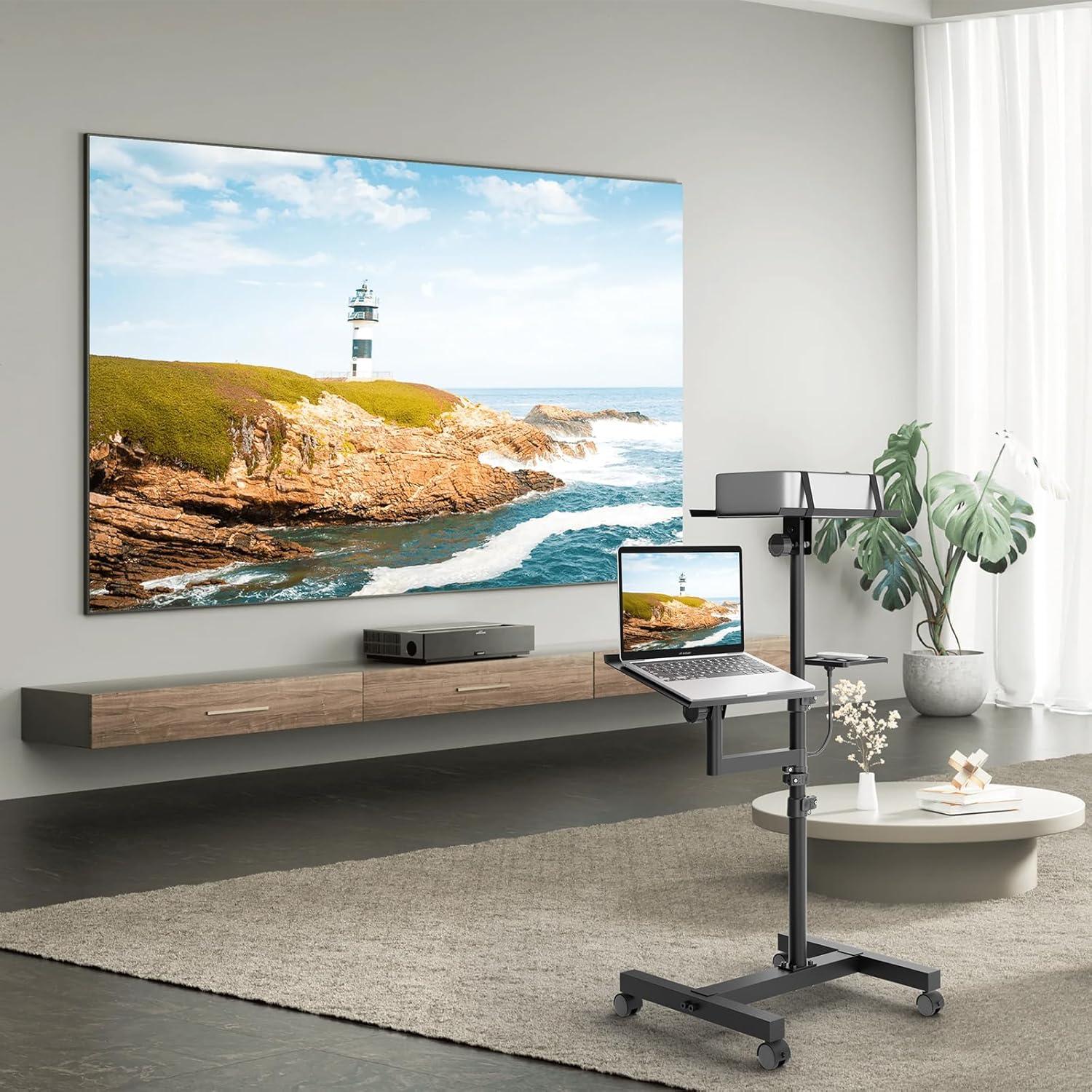 2 Shelves Mobile Projector Stand, Rolling Laptop Stand Adjustable Height to 47 Inches, Podium Stands with Ventilated Tray, Heavy Duty, Laptop Floor Stand for Office, Home, Stage, DJ