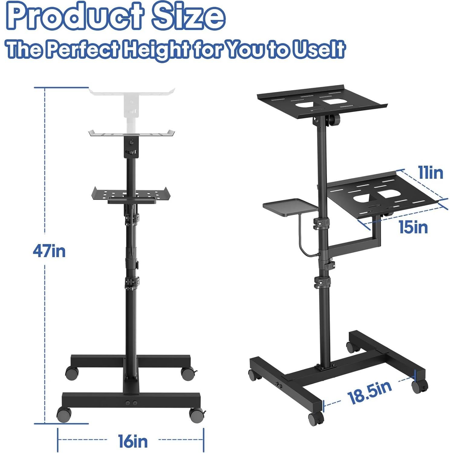 2 Shelves Mobile Projector Stand, Rolling Laptop Stand Adjustable Height to 47 Inches, Podium Stands with Ventilated Tray, Heavy Duty, Laptop Floor Stand for Office, Home, Stage, DJ