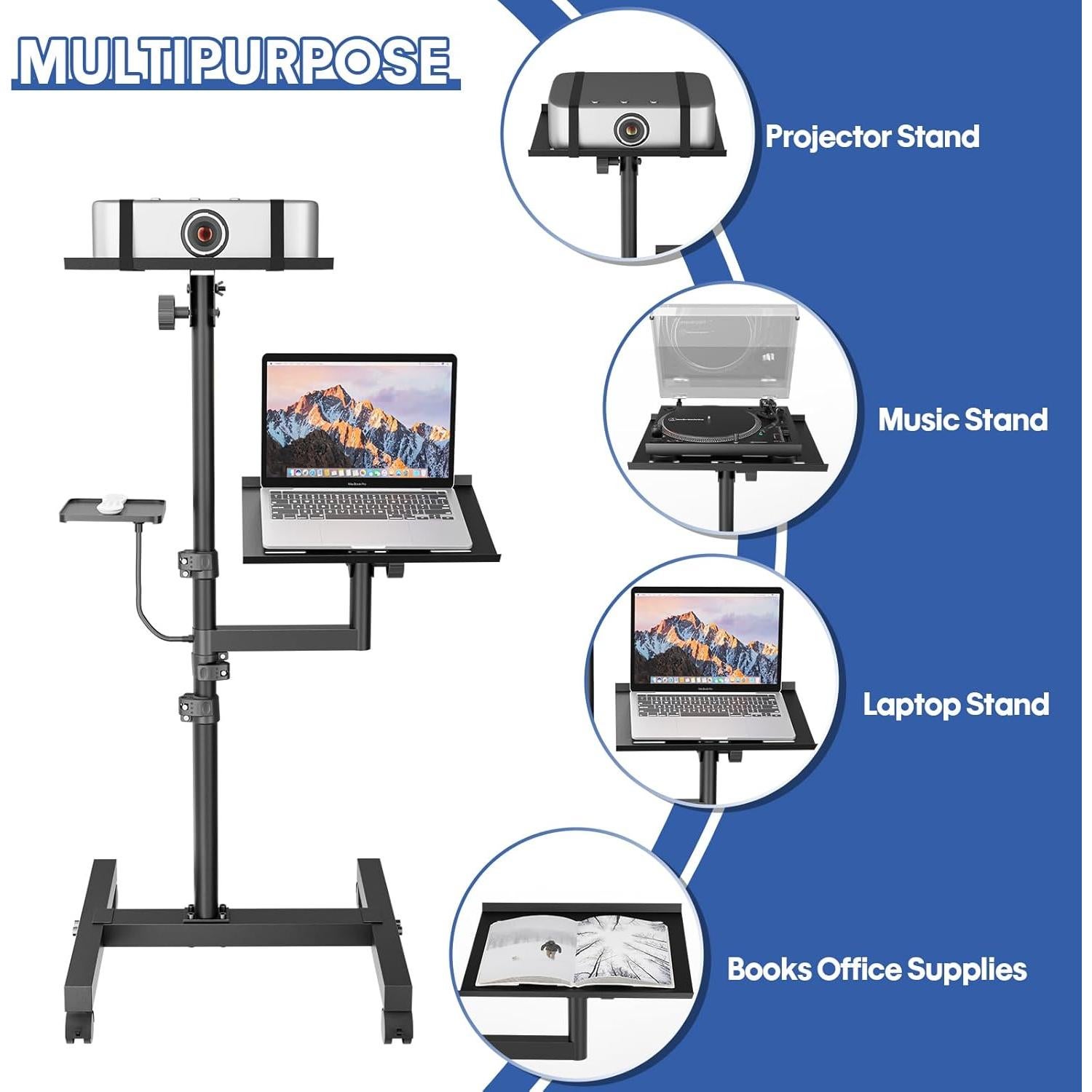 2 Shelves Mobile Projector Stand, Rolling Laptop Stand Adjustable Height to 47 Inches, Podium Stands with Ventilated Tray, Heavy Duty, Laptop Floor Stand for Office, Home, Stage, DJ