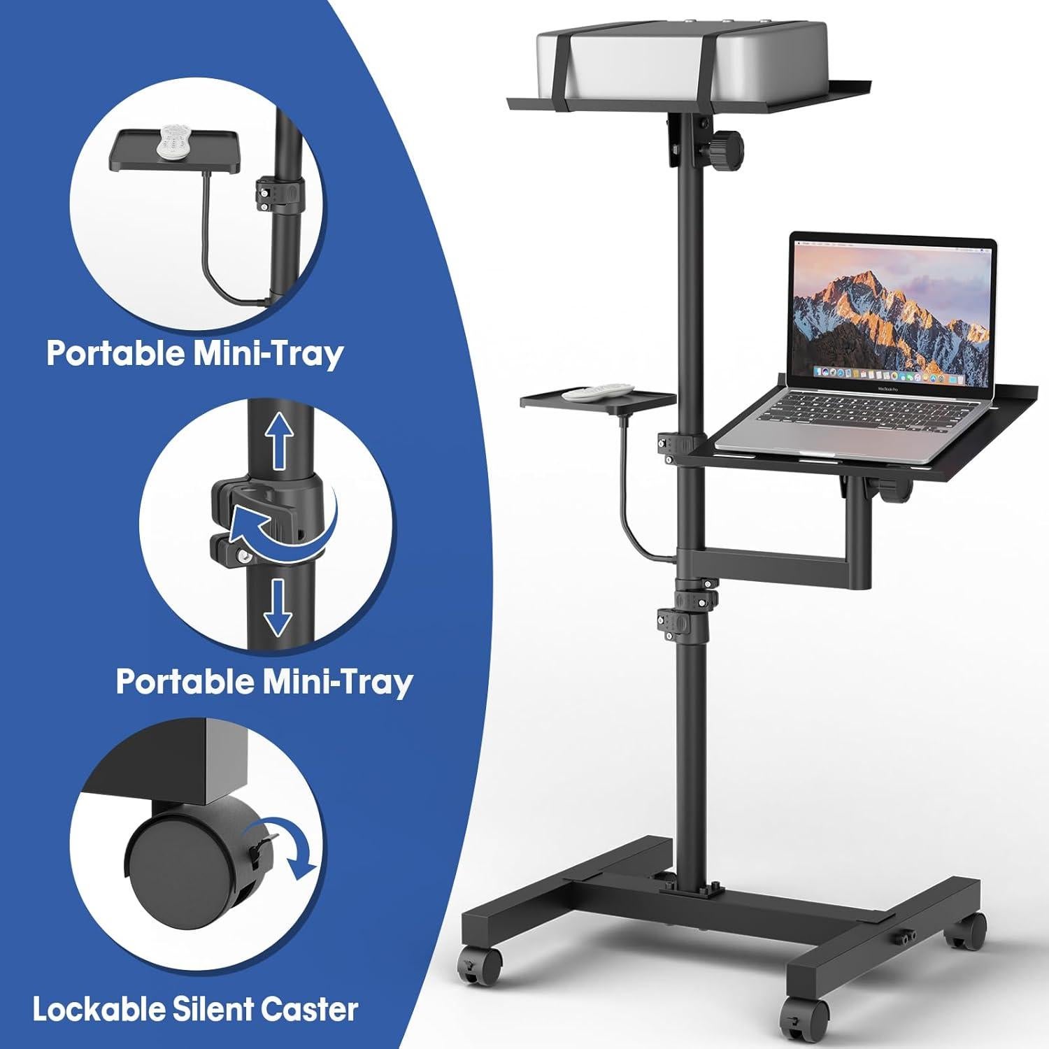 2 Shelves Mobile Projector Stand, Rolling Laptop Stand Adjustable Height to 47 Inches, Podium Stands with Ventilated Tray, Heavy Duty, Laptop Floor Stand for Office, Home, Stage, DJ