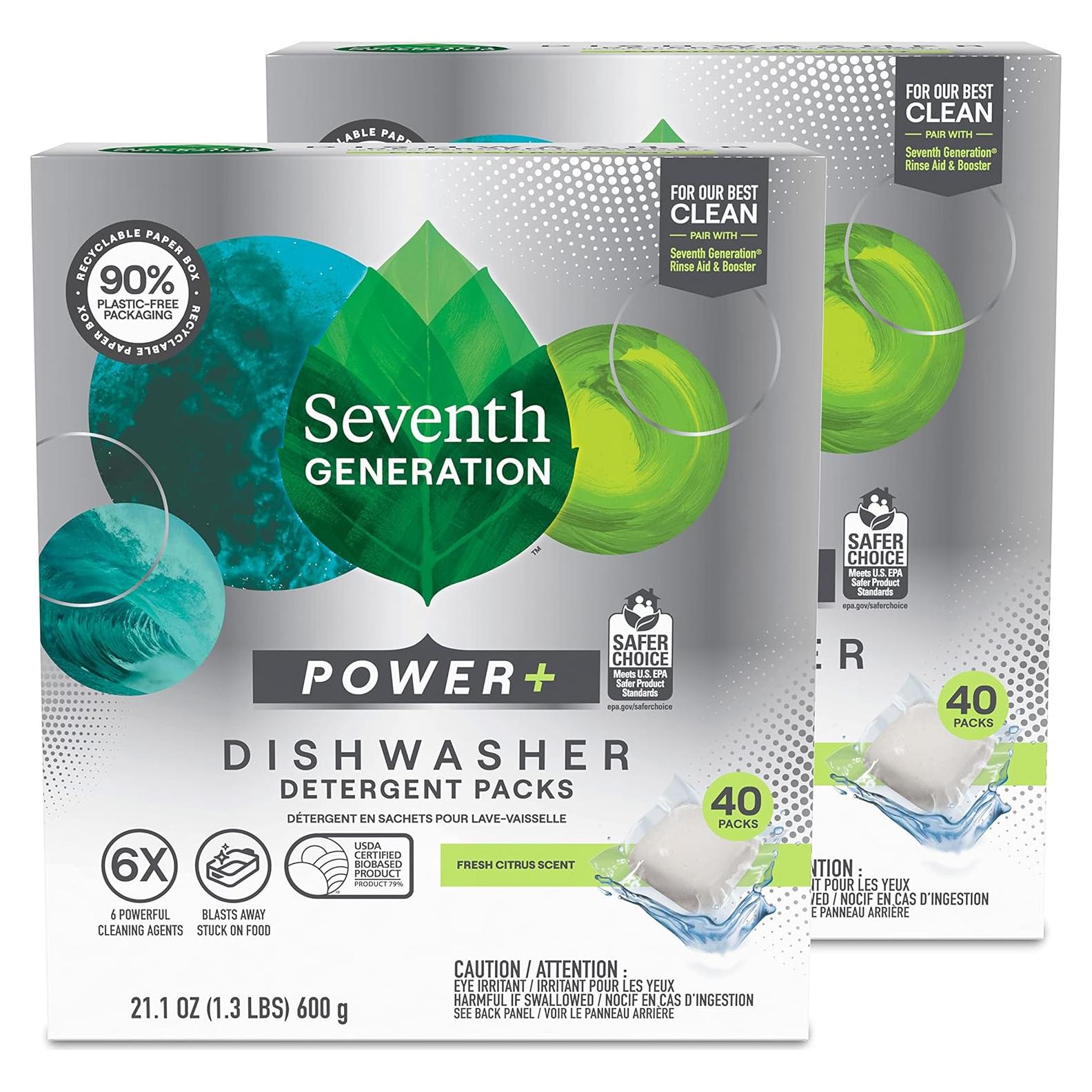 Seventh Generation Power Plus Dishwasher Detergent Packs Fresh Citrus scent Pack of 2 for sparkling dishes Dishwasher tabs 40 count
