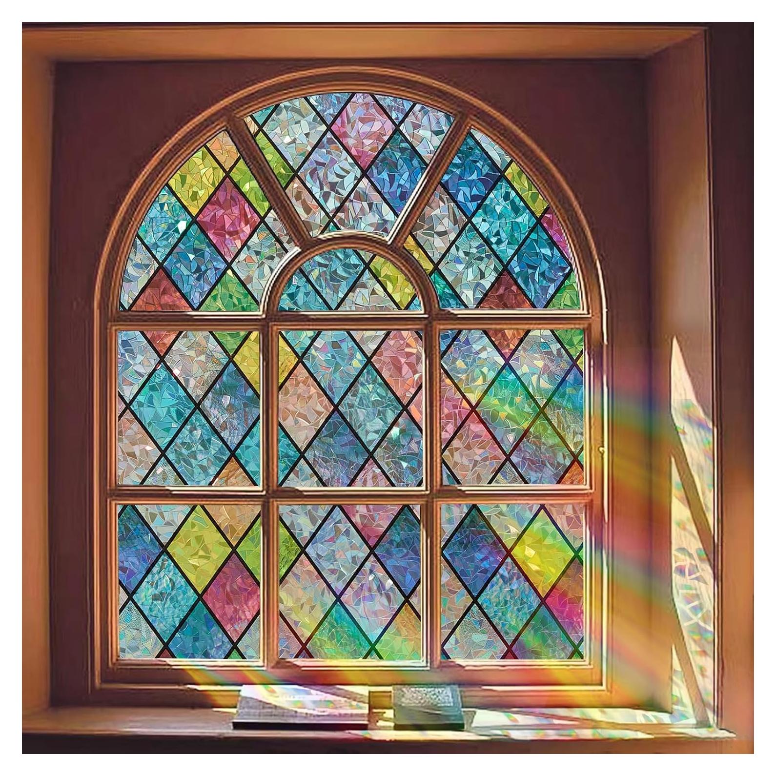 Window Privacy Film, Static Cling Stained Glass Window Film Decorative, Non-Adhesive 3D Rainbow Frosting Film Anti-UV for Bathroom Home Door(Rainbow，17.5" x 78.7")