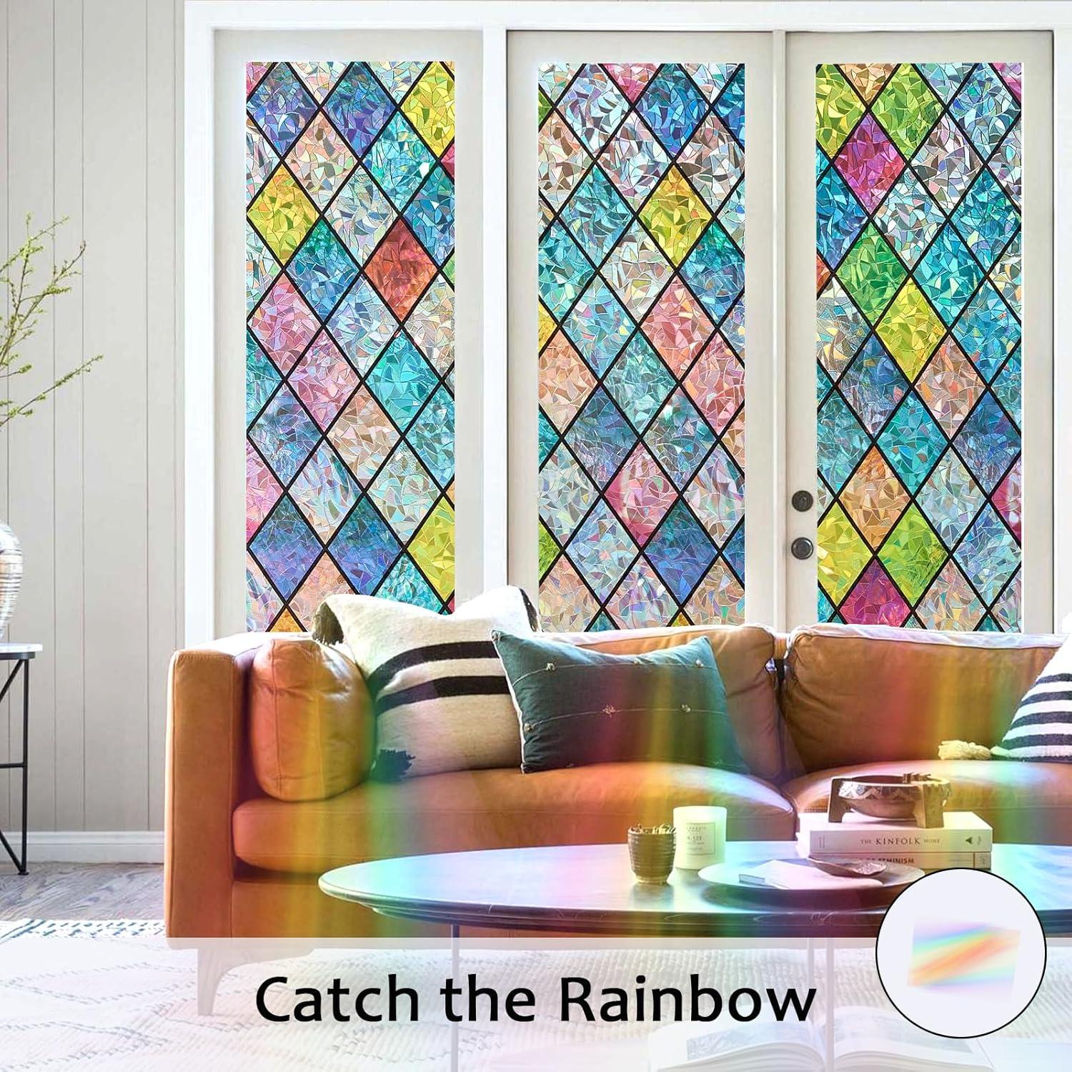 Window Privacy Film, Static Cling Stained Glass Window Film Decorative, Non-Adhesive 3D Rainbow Frosting Film Anti-UV for Bathroom Home Door(Rainbow，17.5" x 78.7")