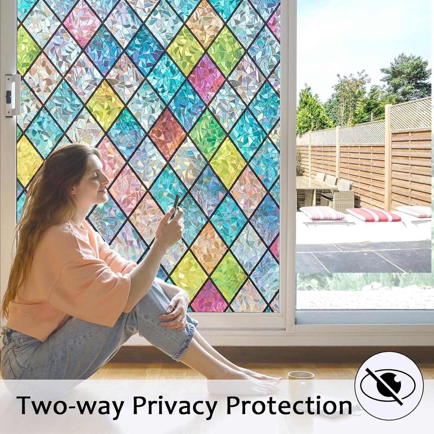 Window Privacy Film, Static Cling Stained Glass Window Film Decorative, Non-Adhesive 3D Rainbow Frosting Film Anti-UV for Bathroom Home Door(Rainbow，17.5" x 78.7")