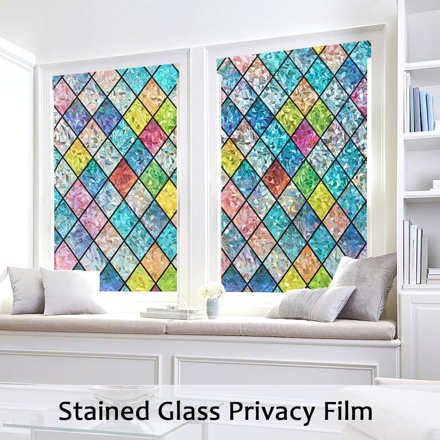 Window Privacy Film, Static Cling Stained Glass Window Film Decorative, Non-Adhesive 3D Rainbow Frosting Film Anti-UV for Bathroom Home Door(Rainbow，17.5" x 78.7")