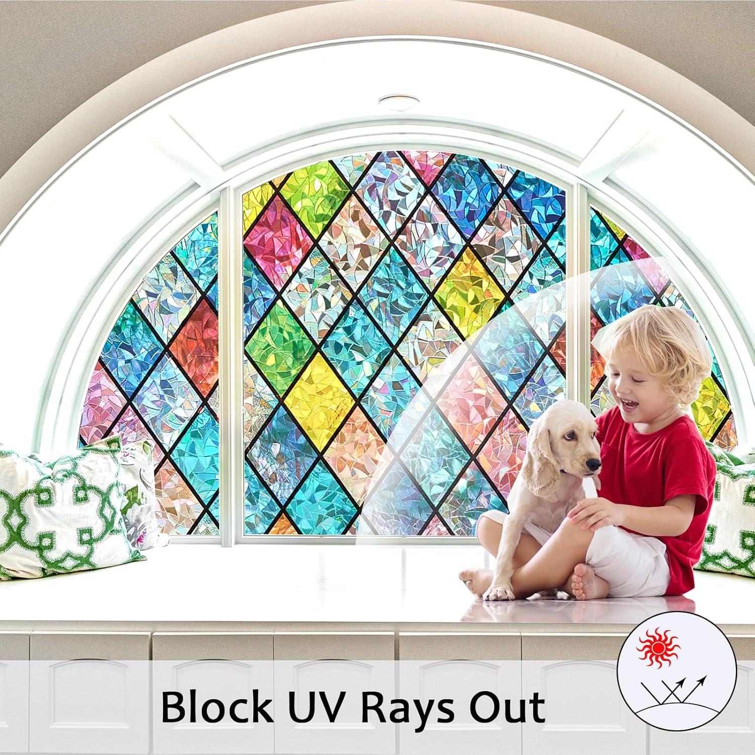 Window Privacy Film, Static Cling Stained Glass Window Film Decorative, Non-Adhesive 3D Rainbow Frosting Film Anti-UV for Bathroom Home Door(Rainbow，17.5" x 78.7")
