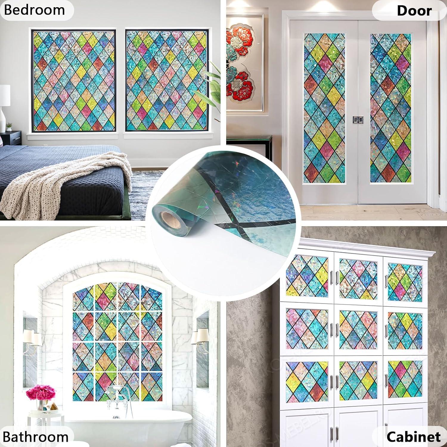 Window Privacy Film, Static Cling Stained Glass Window Film Decorative, Non-Adhesive 3D Rainbow Frosting Film Anti-UV for Bathroom Home Door(Rainbow，17.5" x 78.7")