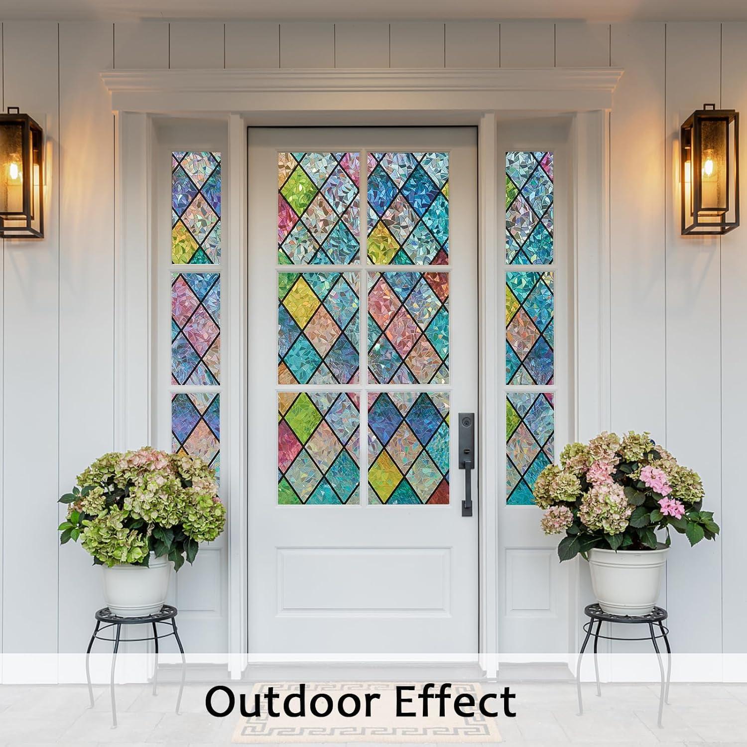 Window Privacy Film, Static Cling Stained Glass Window Film Decorative, Non-Adhesive 3D Rainbow Frosting Film Anti-UV for Bathroom Home Door(Rainbow，17.5" x 78.7")