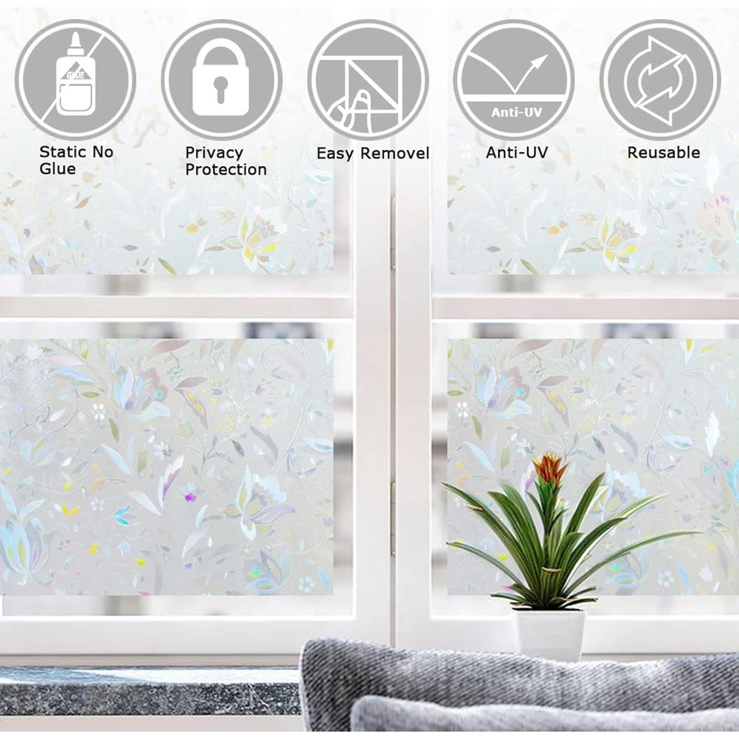 LEMON CLOUD Window Film, Decorative Window Privacy Film, 3D Stained Glass Window Sticker,Anti-UV Sun Blocker Heat Control for Home(Rainbow Tulip Design,17.5 x 78.7 inches)