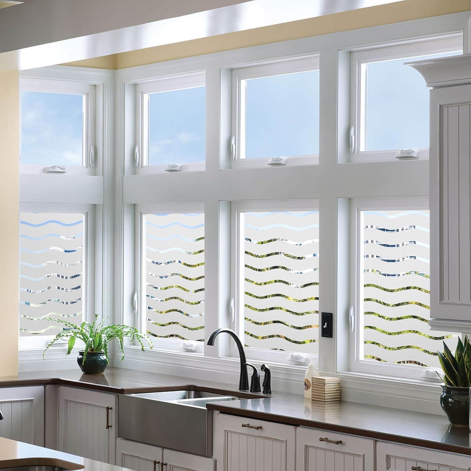 Donox Window Privacy Film, Static Frosted Window Film Non-Adhesive Glass Film, Beautiful Simple Wave Pattern for Home Office, 17.5 X 78.7 Inches