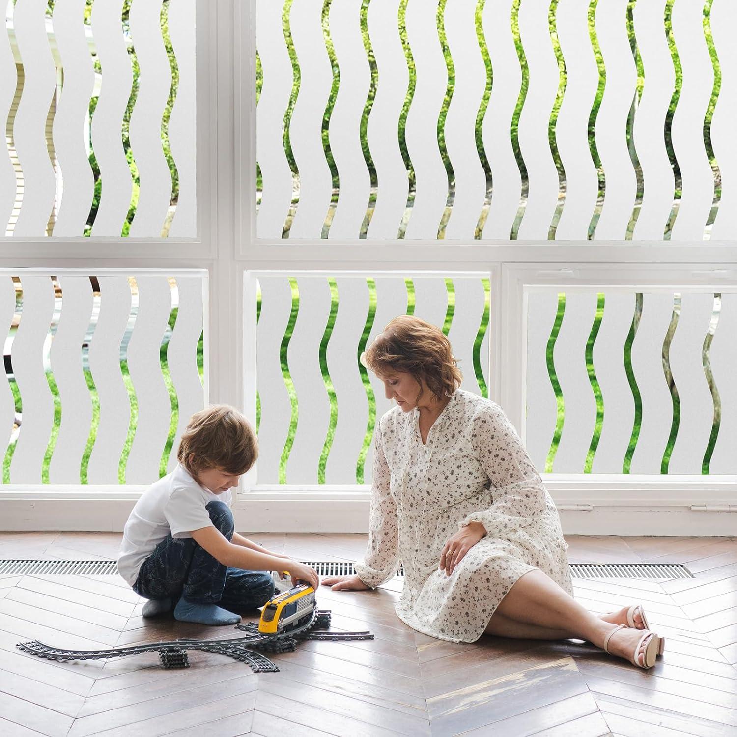 Donox Window Privacy Film, Static Frosted Window Film Non-Adhesive Glass Film, Beautiful Simple Wave Pattern for Home Office, 17.5 X 78.7 Inches