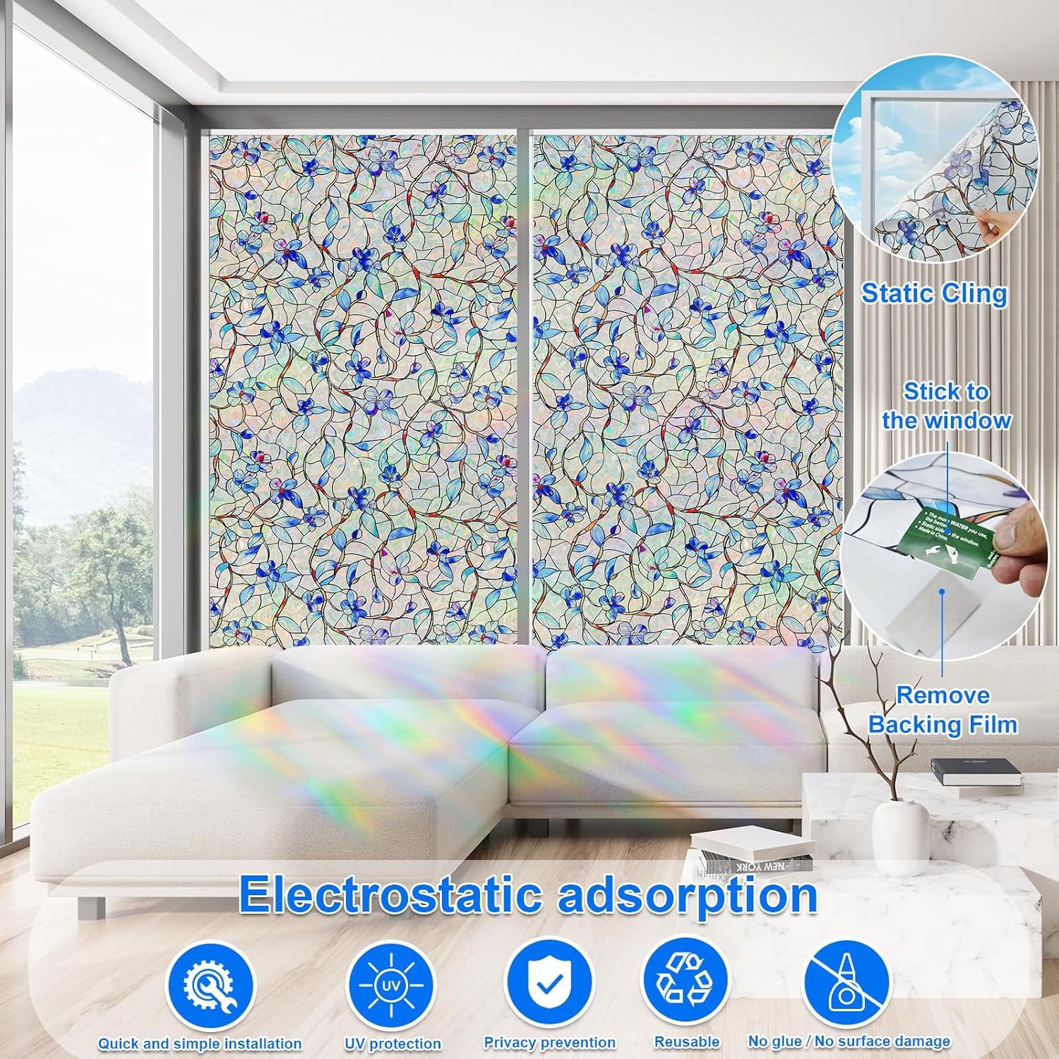 Window Privacy Film Home Room Bathroom Spring Decor Car Decorations One Way Privacy Window Clings Decals Tint Door Cover Rainbow Renter Friendly Stickers Static Cling Stained Glass Windows