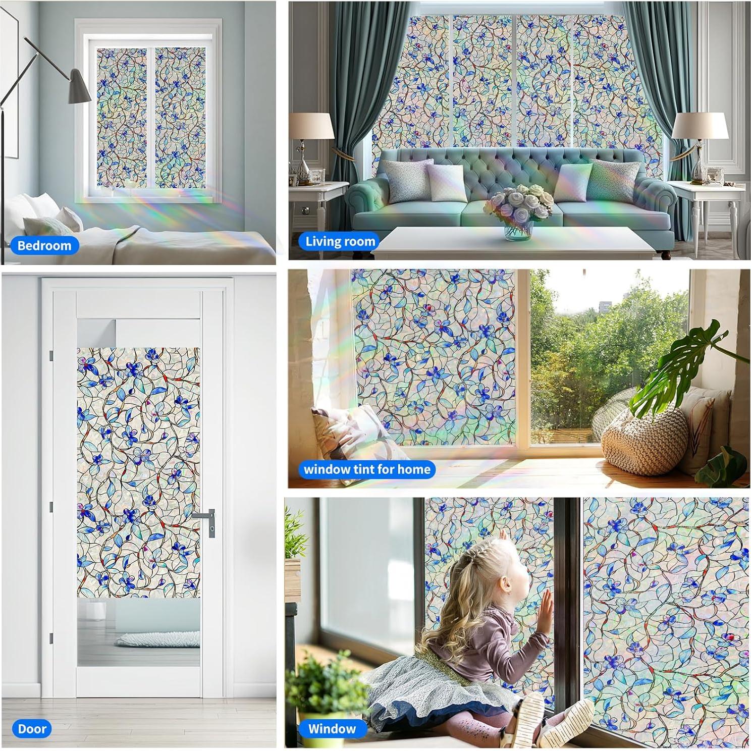 Window Privacy Film Home Room Bathroom Spring Decor Car Decorations One Way Privacy Window Clings Decals Tint Door Cover Rainbow Renter Friendly Stickers Static Cling Stained Glass Windows