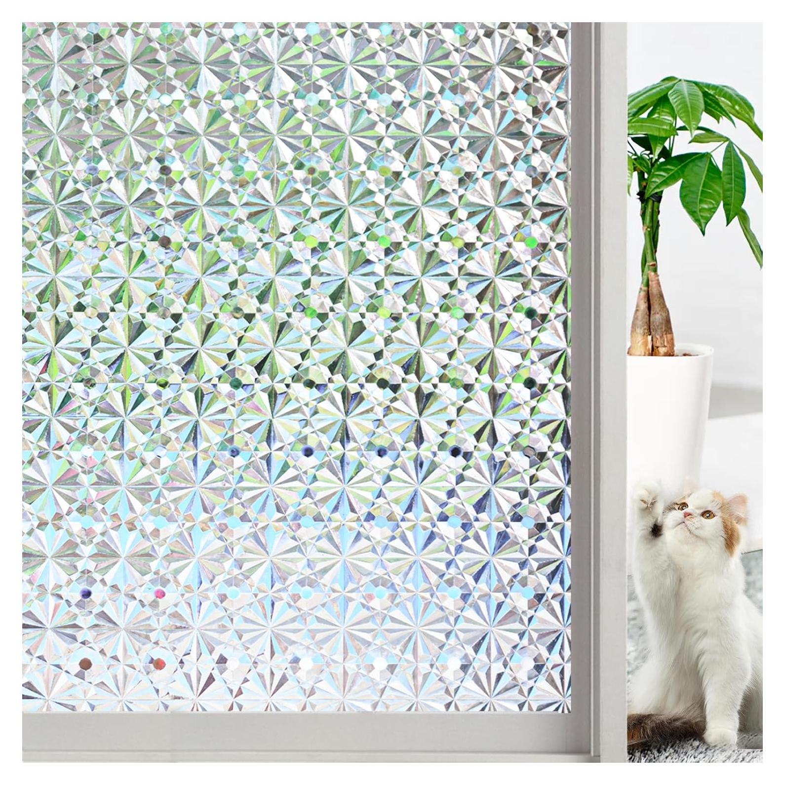 Niviy Window Privacy Film 3D Diamond Pattern Vinyl Non Adhesive Static Cling Decorative Window Film Heat Control Anti-UV Glass Door Films for Home Kitchen Office 11.8 x 78.7 Inch