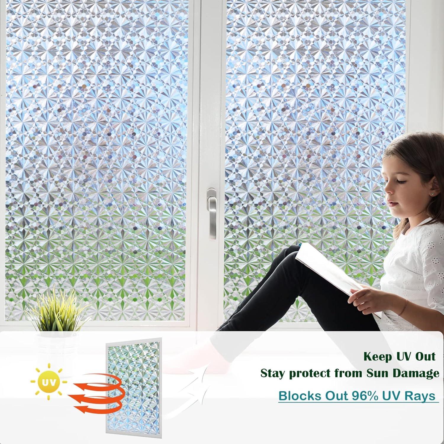 Niviy Window Privacy Film 3D Diamond Pattern Vinyl Non Adhesive Static Cling Decorative Window Film Heat Control Anti-UV Glass Door Films for Home Kitchen Office 11.8 x 78.7 Inch