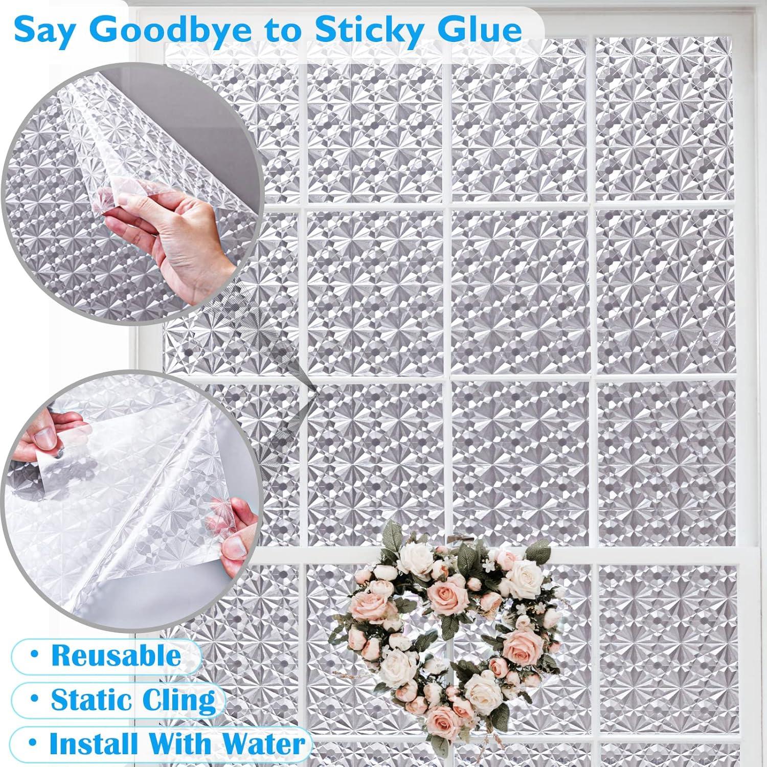 Niviy Window Privacy Film 3D Diamond Pattern Vinyl Non Adhesive Static Cling Decorative Window Film Heat Control Anti-UV Glass Door Films for Home Kitchen Office 11.8 x 78.7 Inch