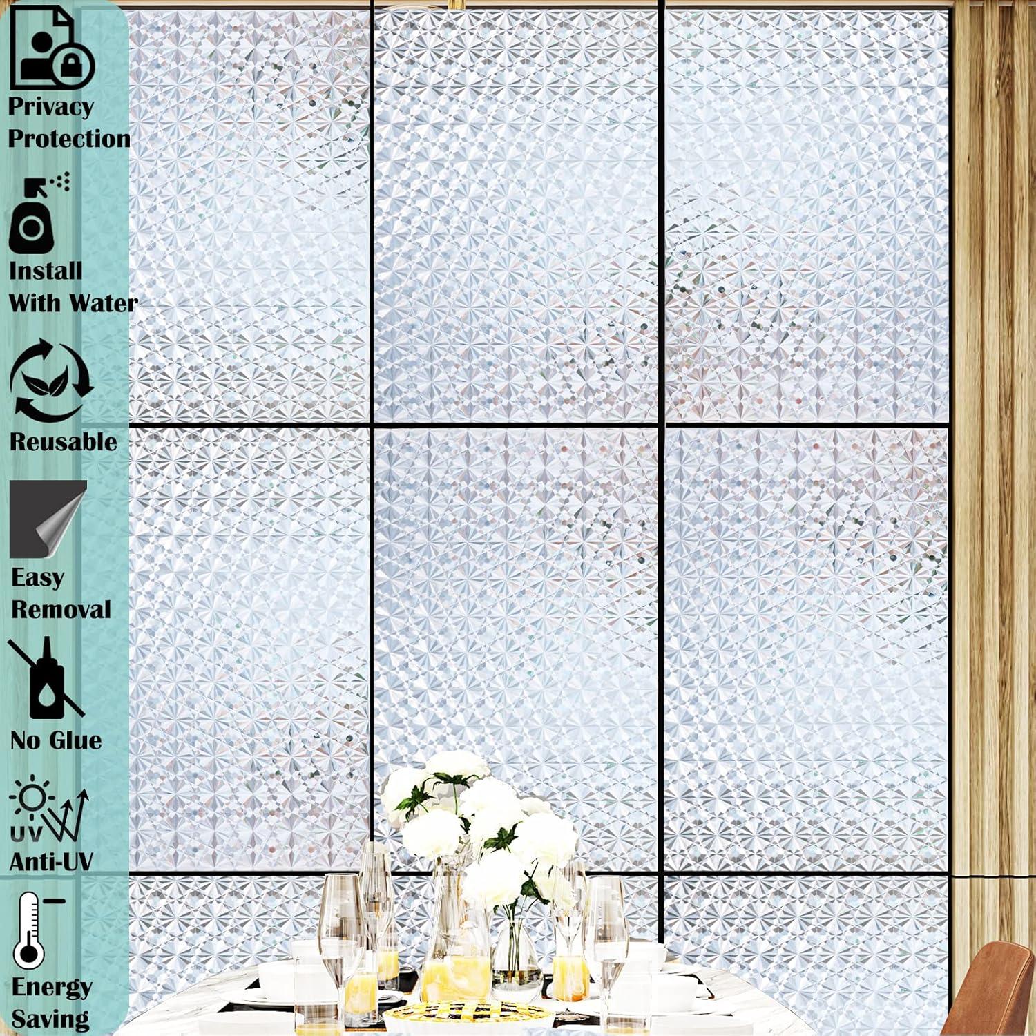 Niviy Window Privacy Film 3D Diamond Pattern Vinyl Non Adhesive Static Cling Decorative Window Film Heat Control Anti-UV Glass Door Films for Home Kitchen Office 11.8 x 78.7 Inch