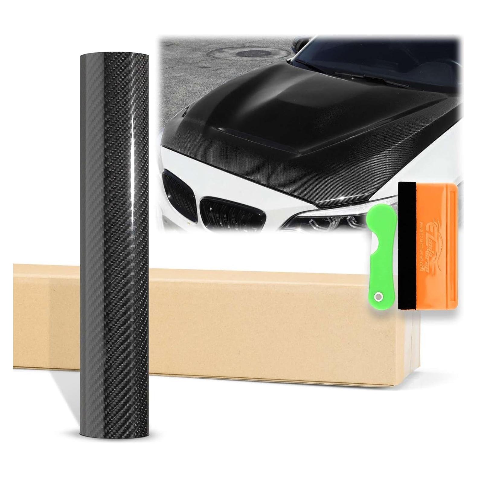 12"x60" (1FTx5FT) Black 7D Carbon Fiber Textured High Gloss Vinyl Wrap Auto Car Sticker Decal Film Sheet Bubble Free Air Release Technology with Tool Kit