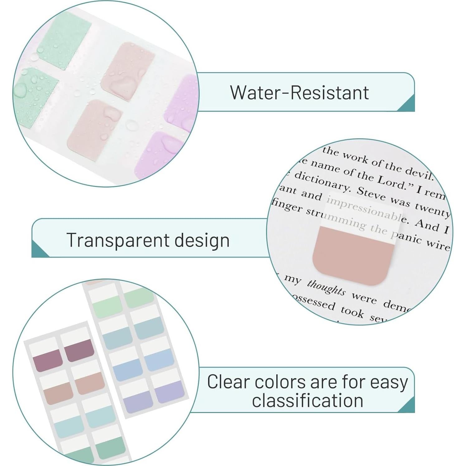 Sticky Index Tabs, Transparent Sticky for Notes Tabs,Colorful Page Markers for Notebooks,Writable and Repositionable Tabs, 240 Pcs,12 Colors(1.4inch)