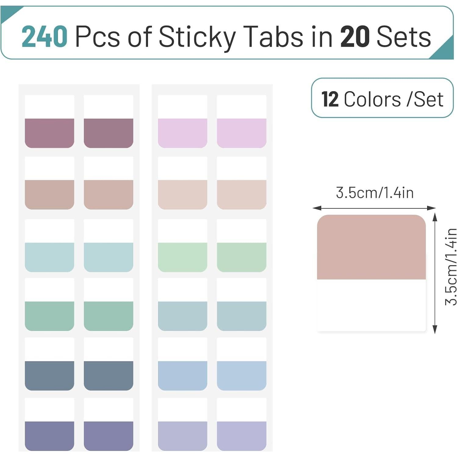 Sticky Index Tabs, Transparent Sticky for Notes Tabs,Colorful Page Markers for Notebooks,Writable and Repositionable Tabs, 240 Pcs,12 Colors(1.4inch)