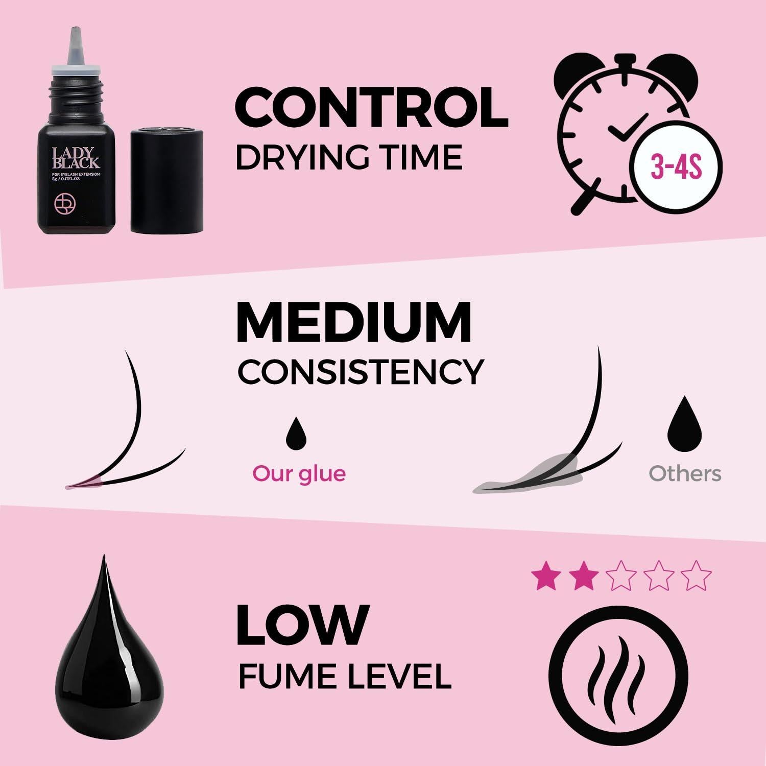 Pegamento para Extensiones de Pestañas Lady Black 5ml - Secado 3-4s