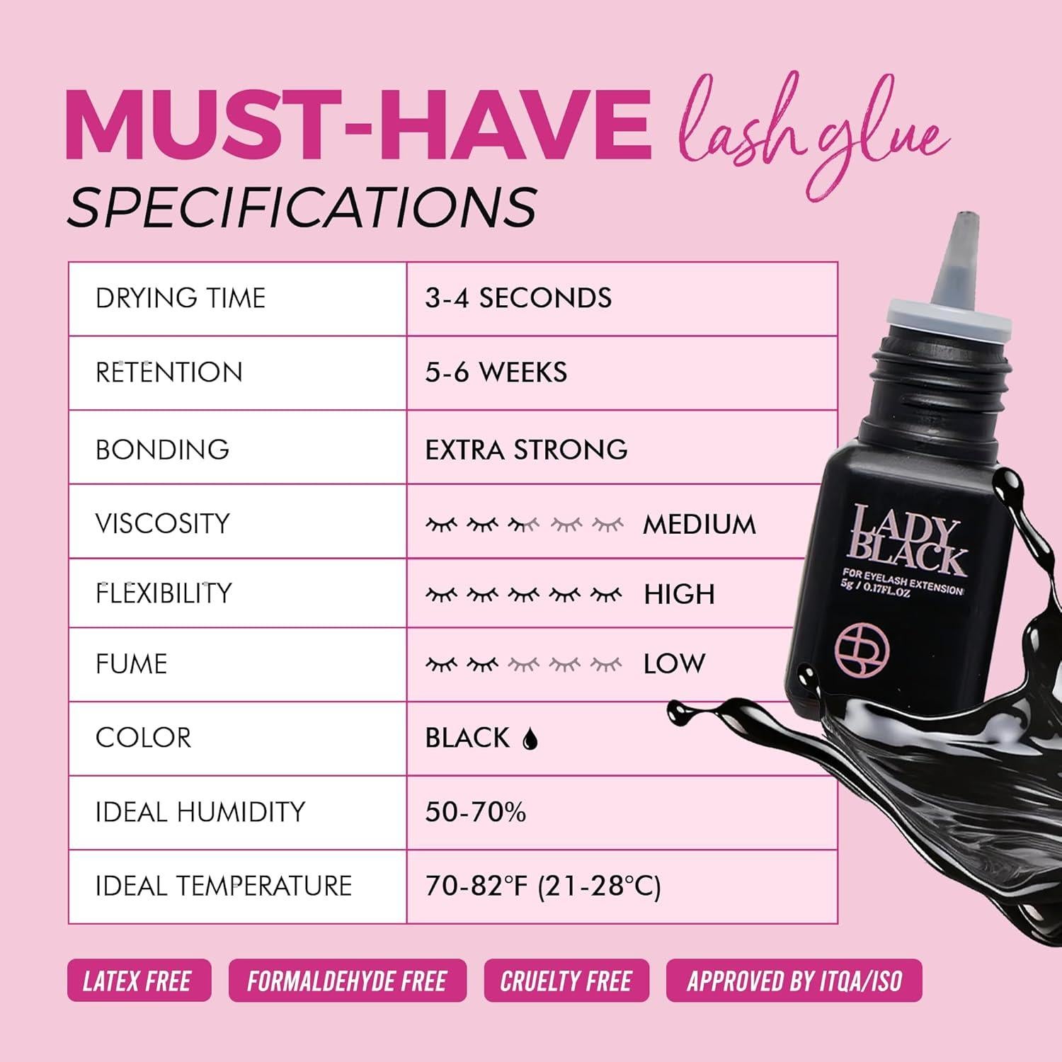 Pegamento para Extensiones de Pestañas Lady Black 5ml - Secado 3-4s