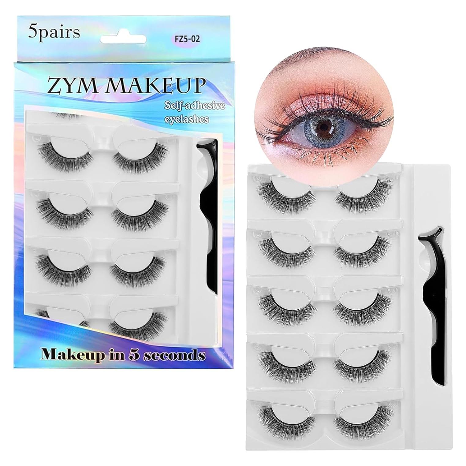 10 Pcs Self Adhesive False Eyelashes, No Glue Wispy Lashes with Tweezers, Waterproof Natural Look, Reusable & Easy to Wear