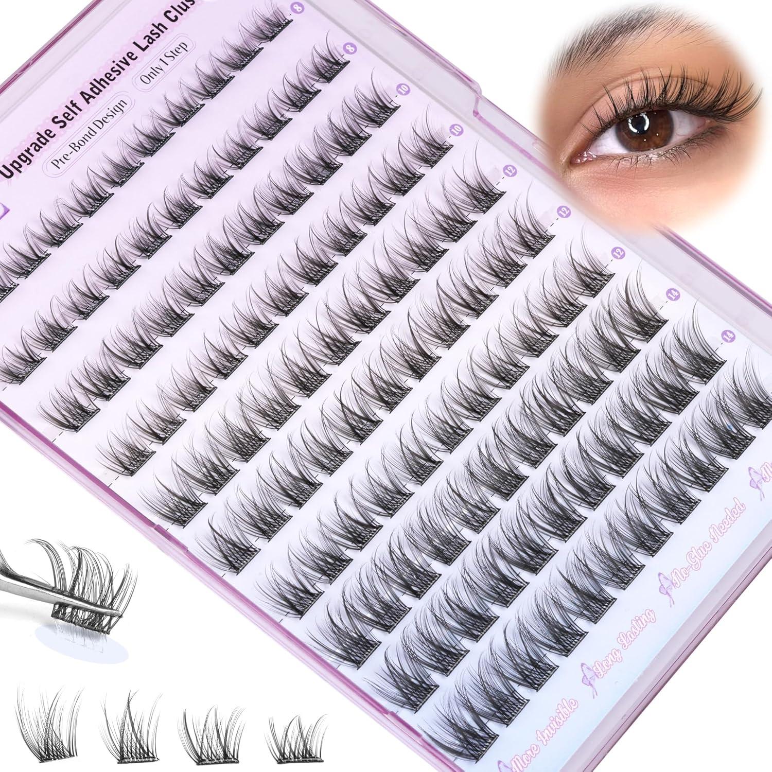 ALICE Self Adhesive Lashes Natural Look Clusters No Glue Needed Wispy Reusable Press on Lashes Pre-Glue 8-14mm 120pcs C Curl With Lash Tweezers