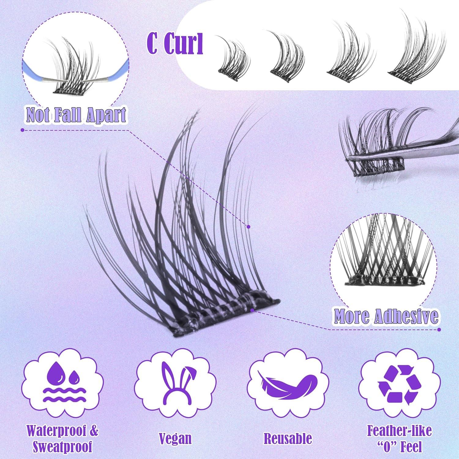 ALICE Self Adhesive Lashes Natural Look Clusters No Glue Needed Wispy Reusable Press on Lashes Pre-Glue 8-14mm 120pcs C Curl With Lash Tweezers