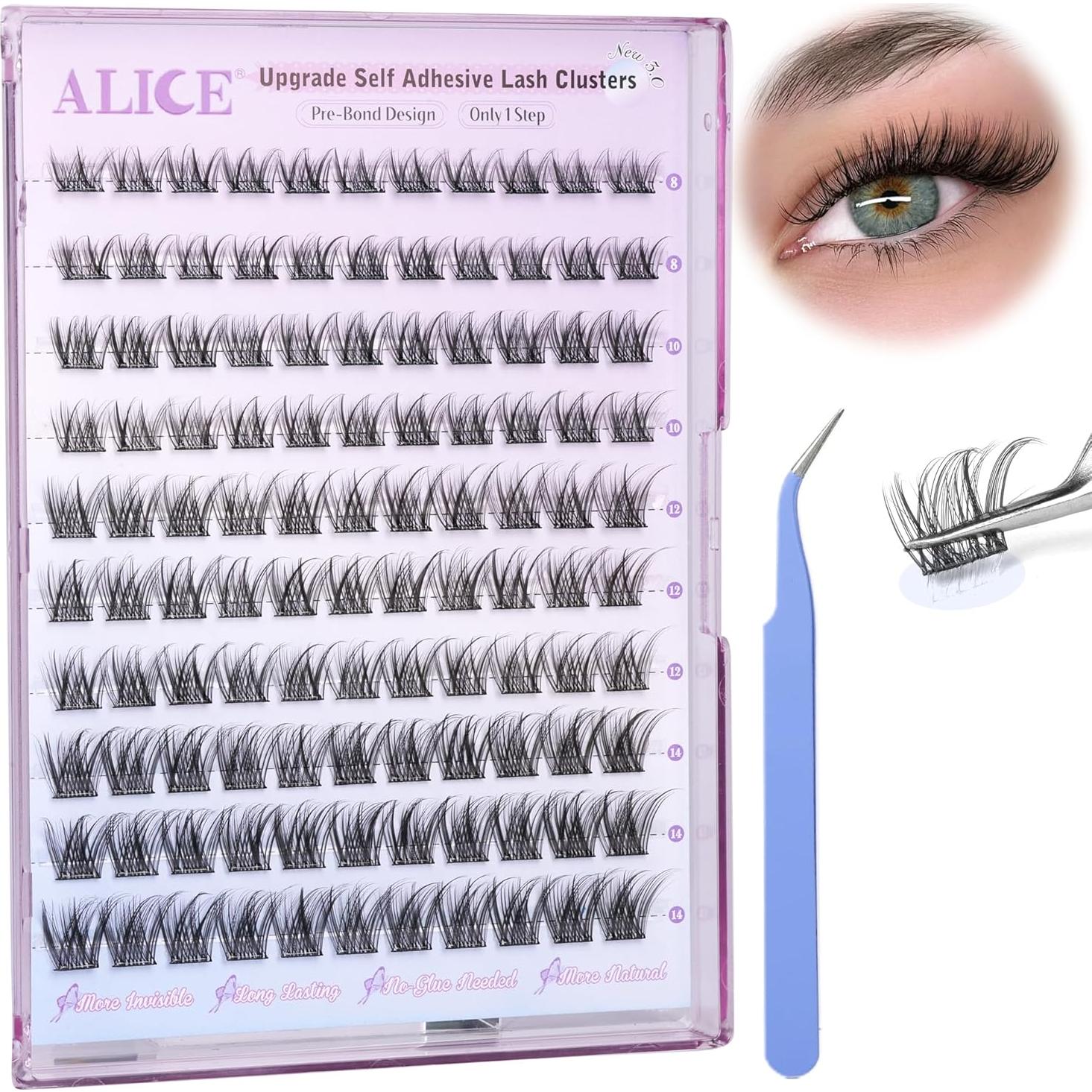 ALICE Self Adhesive Lashes Natural Look Clusters No Glue Needed Wispy Reusable Press on Lashes Pre-Glue 8-14mm 120pcs C Curl With Lash Tweezers