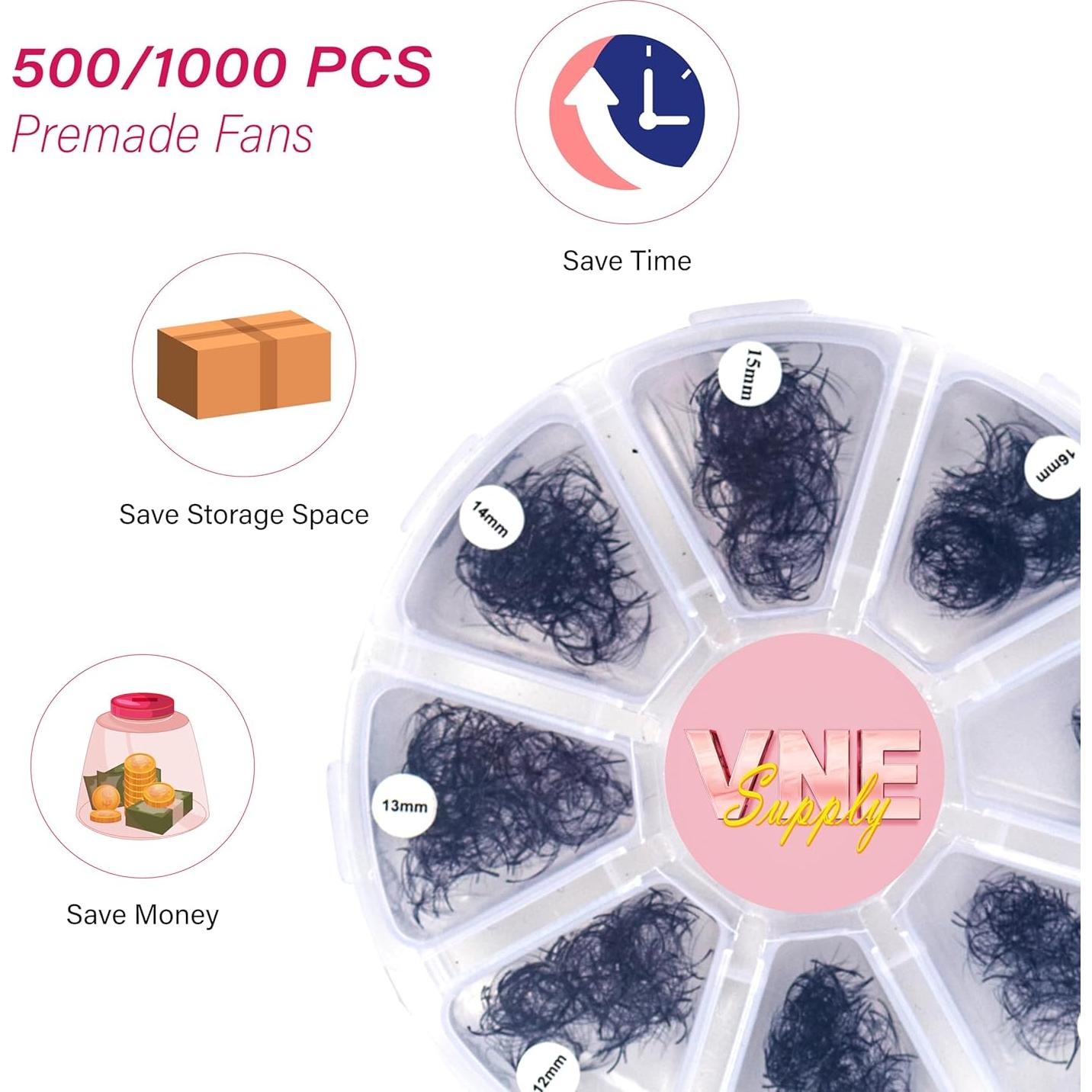 Extensiones de Pestañas VNE 500 Ventiladores 10D C Curl 9-16mm