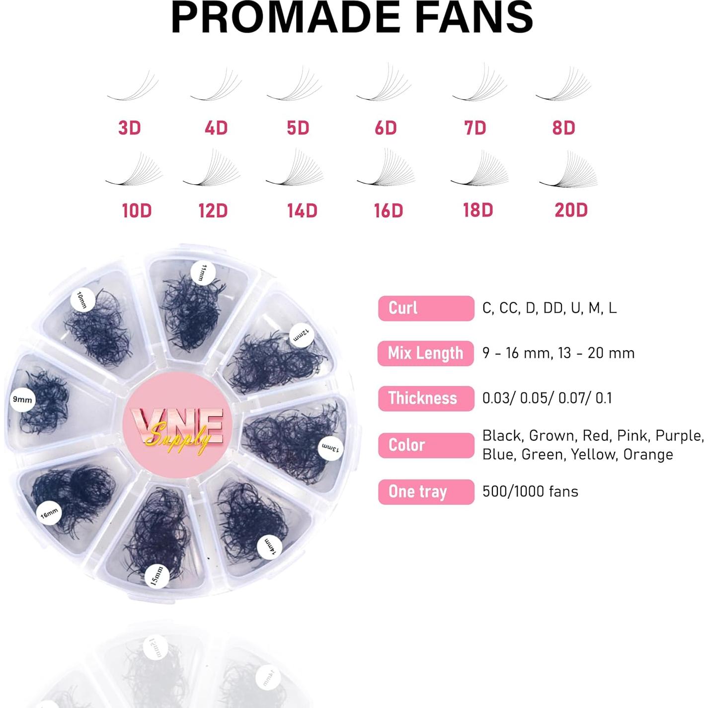Extensiones de Pestañas VNE 500 Ventiladores 10D C Curl 9-16mm