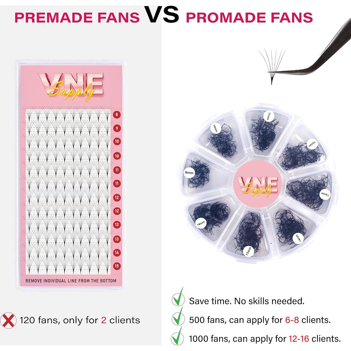 Extensiones de Pestañas VNE 500 Ventiladores 10D C Curl 9-16mm