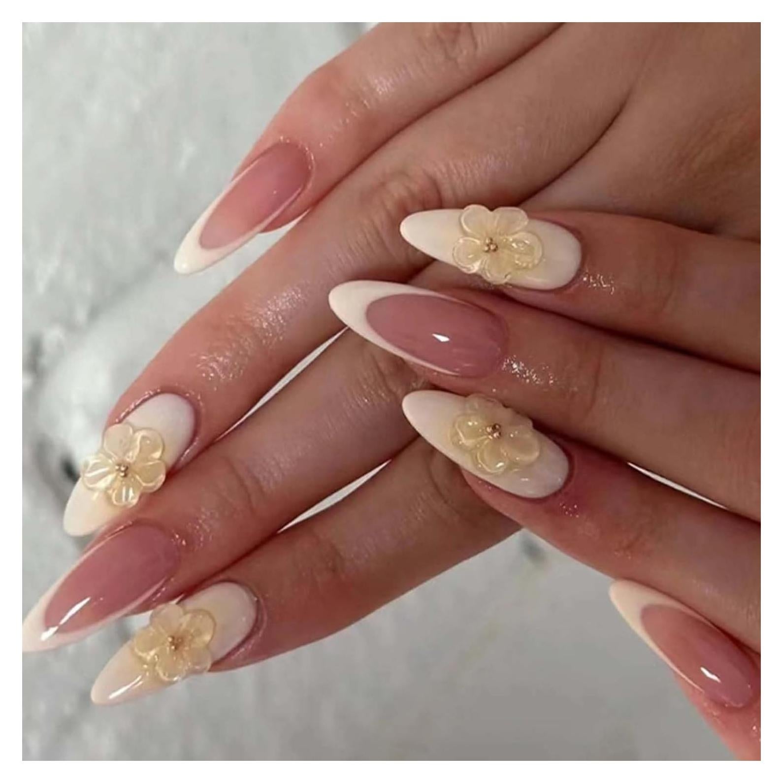 Short Almond False Nails 3D Daisy Tips Nails French Nude Cute Press on Nails Acrylic Full Cover Fake Nails for Women and Girls 24PCS