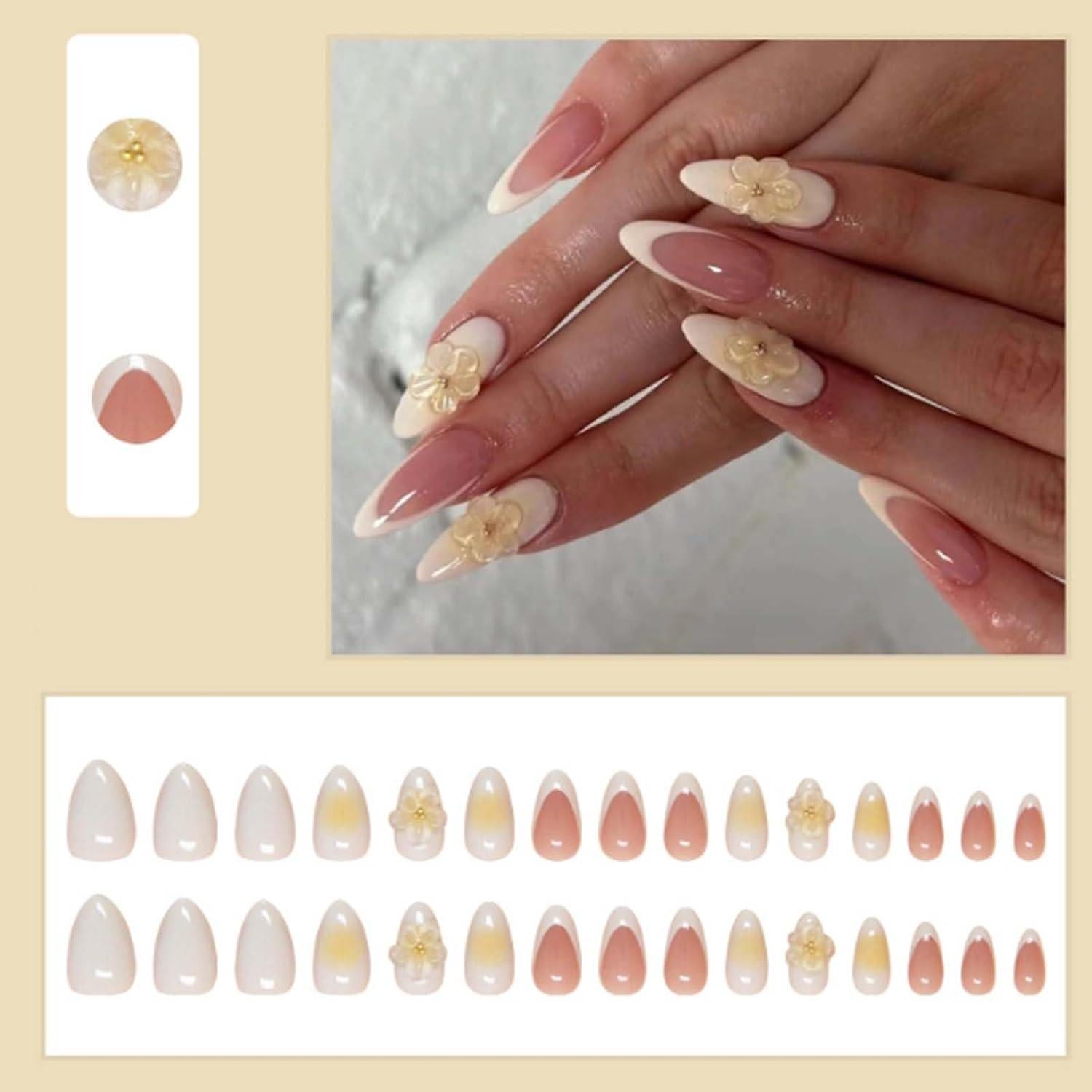 Short Almond False Nails 3D Daisy Tips Nails French Nude Cute Press on Nails Acrylic Full Cover Fake Nails for Women and Girls 24PCS
