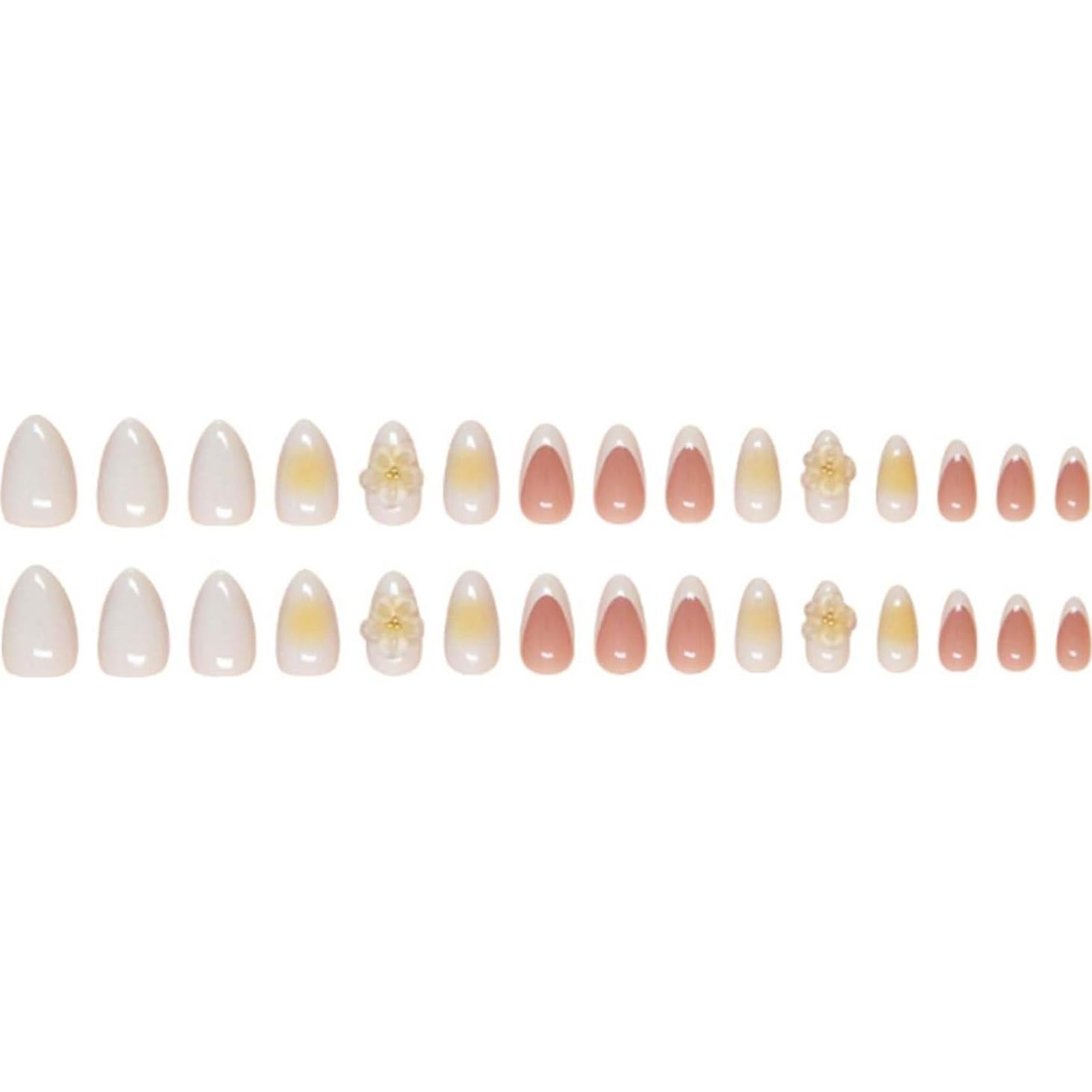 Short Almond False Nails 3D Daisy Tips Nails French Nude Cute Press on Nails Acrylic Full Cover Fake Nails for Women and Girls 24PCS