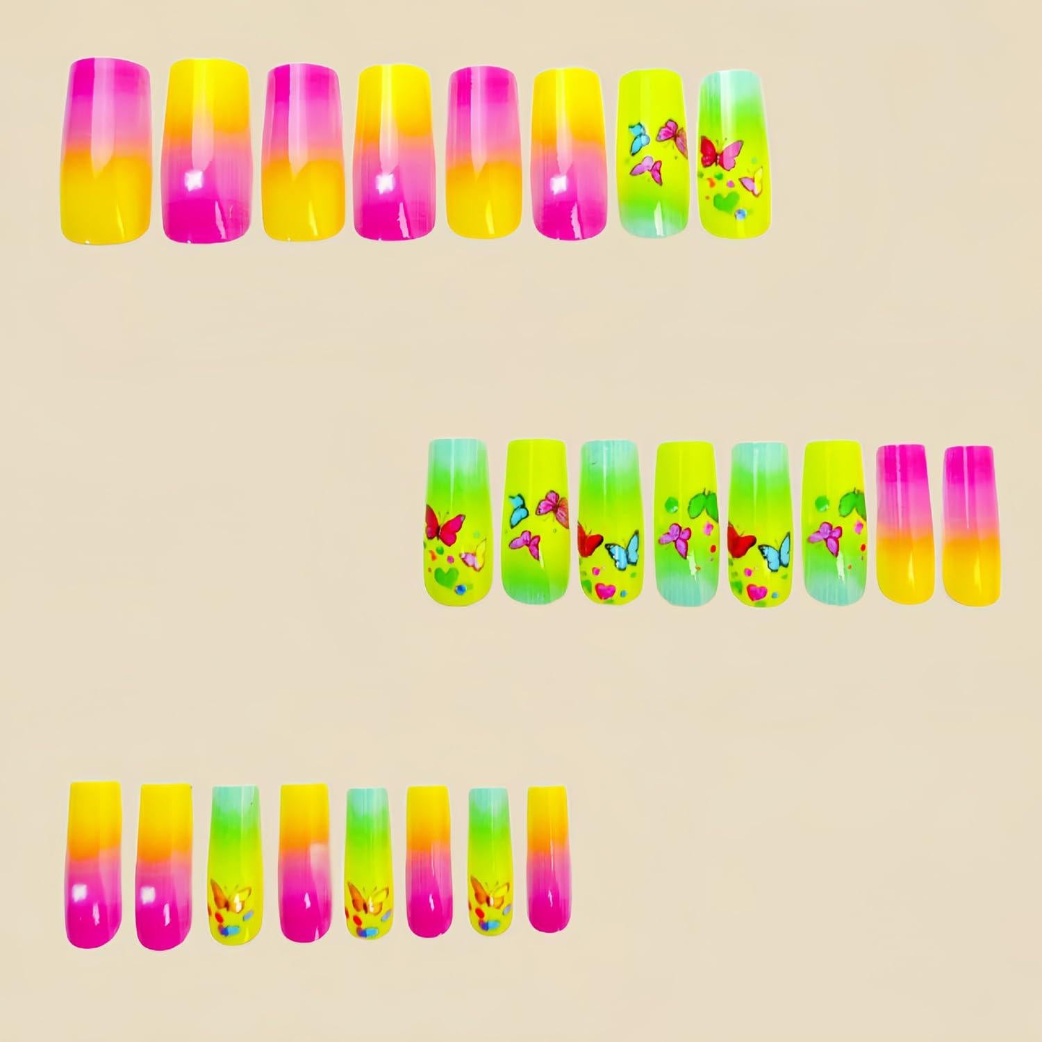 Uñas Postizas Acrílicas Mariposa Colorida 24 Piezas