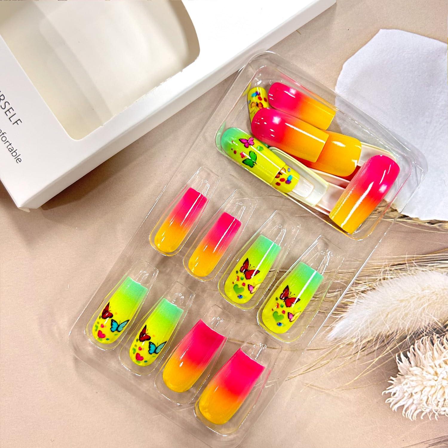 Uñas Postizas Acrílicas Mariposa Colorida 24 Piezas