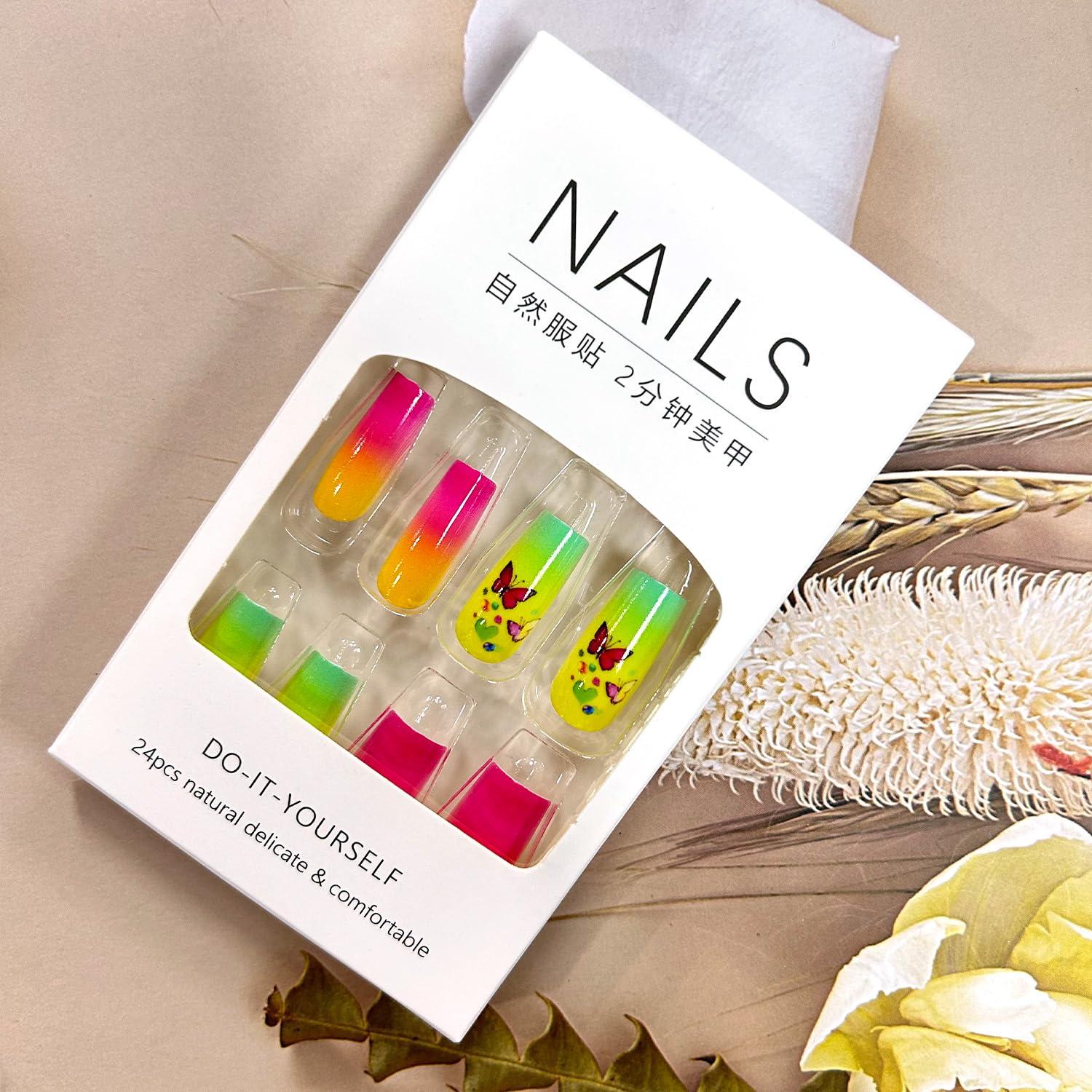 Uñas Postizas Acrílicas Mariposa Colorida 24 Piezas