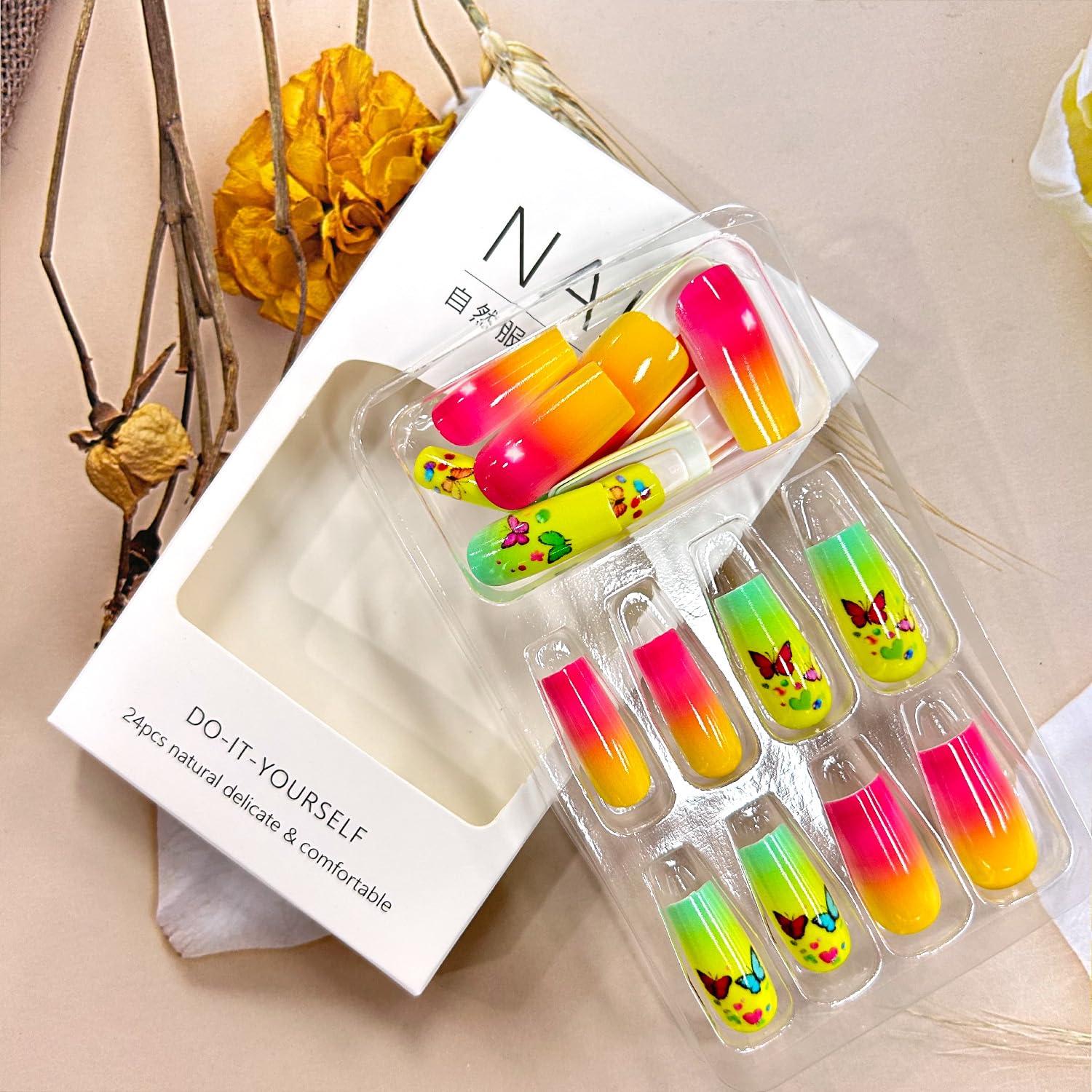 Uñas Postizas Acrílicas Mariposa Colorida 24 Piezas