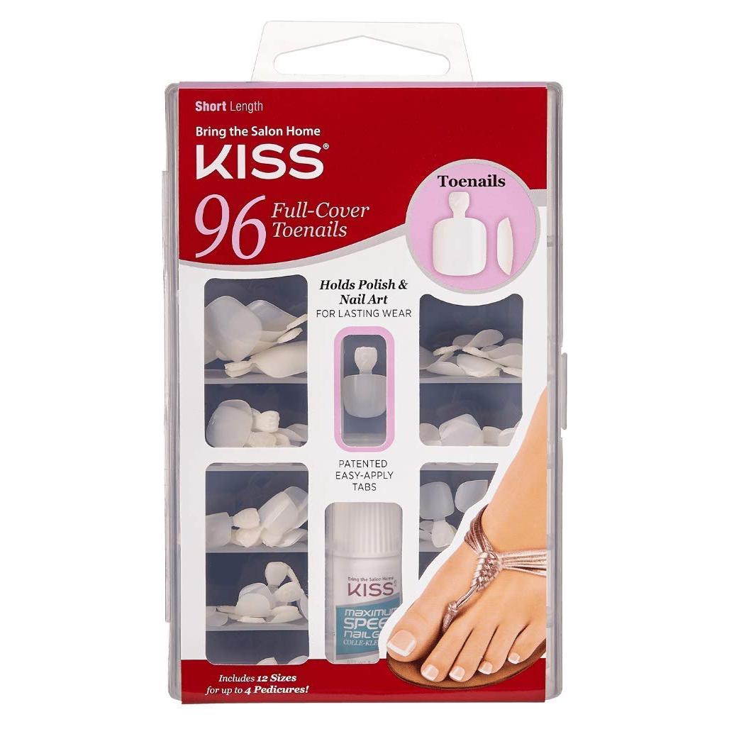 KISS 96 Full Cover Toenails Kit, Long Lasting Fake Nails, DIY Home Manicure Set with Pink Gel Nail Glue 3 g / 0.11 oz. and 96 Fake Toenails in 12 Sizes for up to 4 pedicures