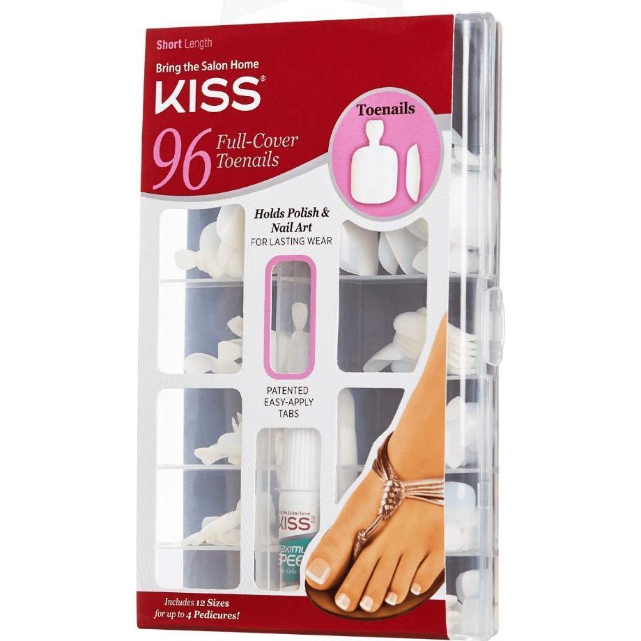 KISS 96 Full Cover Toenails Kit, Long Lasting Fake Nails, DIY Home Manicure Set with Pink Gel Nail Glue 3 g / 0.11 oz. and 96 Fake Toenails in 12 Sizes for up to 4 pedicures