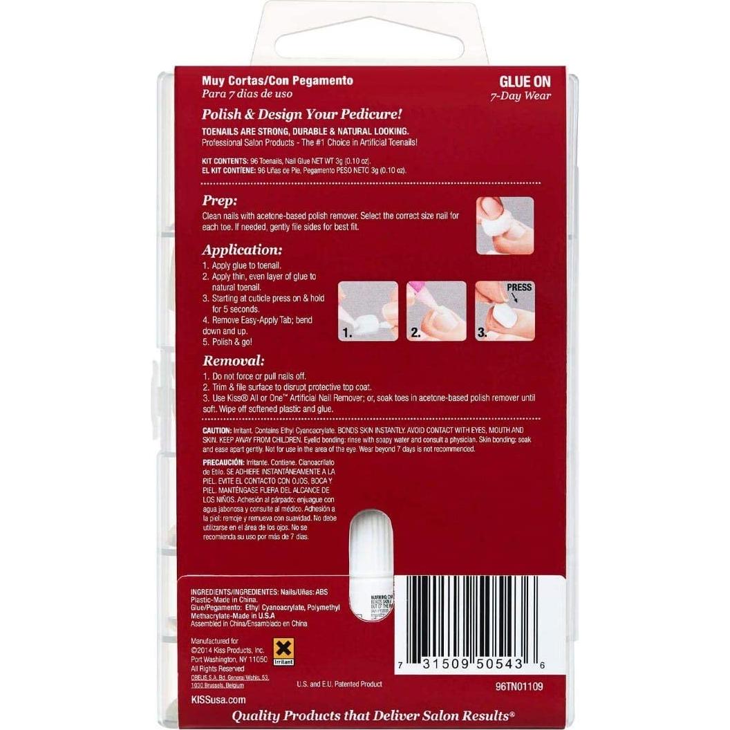 KISS 96 Full Cover Toenails Kit, Long Lasting Fake Nails, DIY Home Manicure Set with Pink Gel Nail Glue 3 g / 0.11 oz. and 96 Fake Toenails in 12 Sizes for up to 4 pedicures