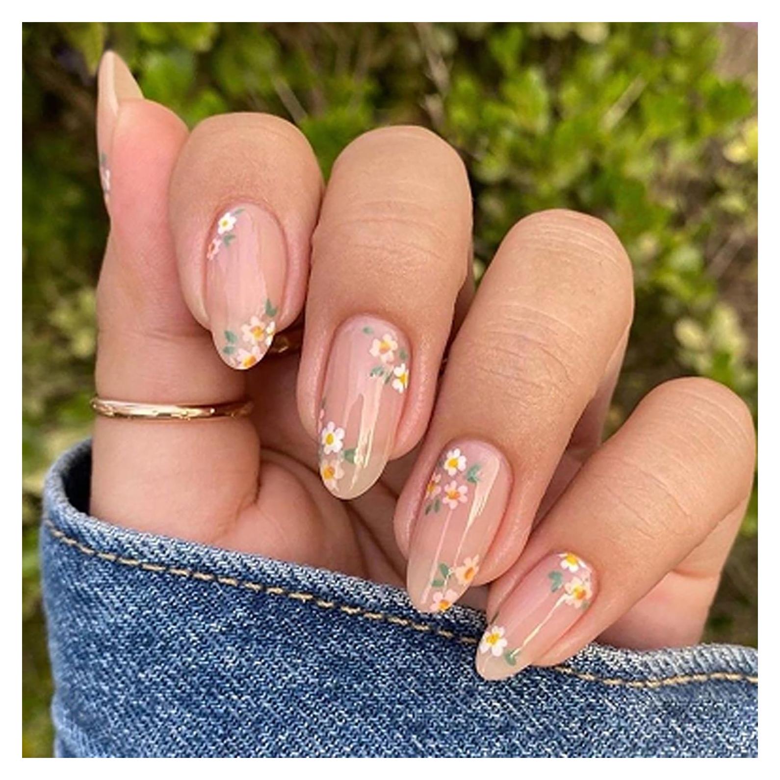 24Pcs Spring Summer Press on Nails Medium Length Almond Fake Nails Artificial Daisy Floral Glossy Design Full Cover Glue on Nails Pink False Nails Stick on Nails for Women Girls Acrylic Manicure Salon
