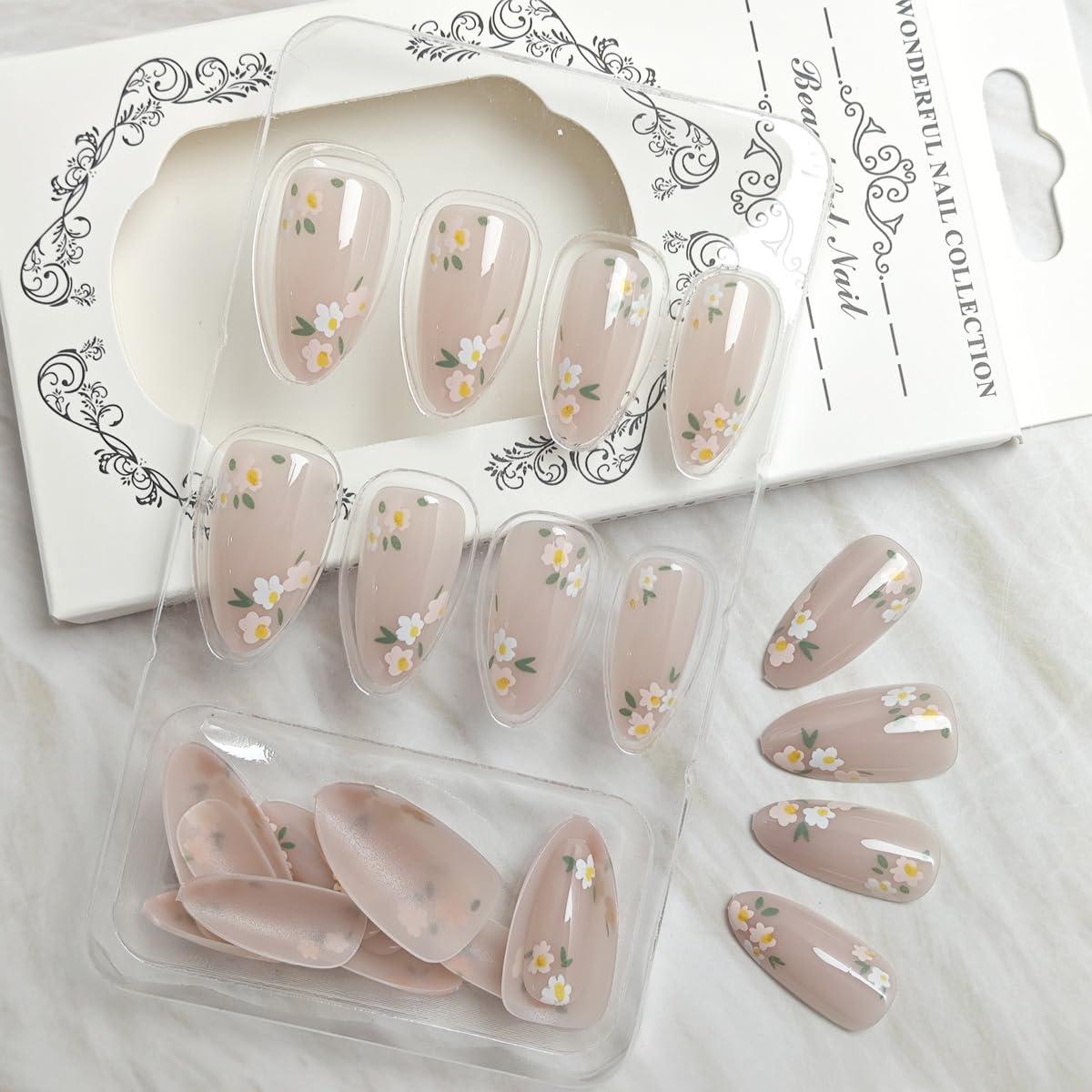 24Pcs Spring Summer Press on Nails Medium Length Almond Fake Nails Artificial Daisy Floral Glossy Design Full Cover Glue on Nails Pink False Nails Stick on Nails for Women Girls Acrylic Manicure Salon